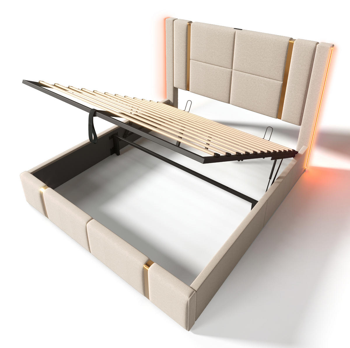 POLSTERBETT mit Bettkasten 140/200 cm mit LED-Beleuchtung und USB/Type-C - Beige, Textil (140/200cm) - BEAOK