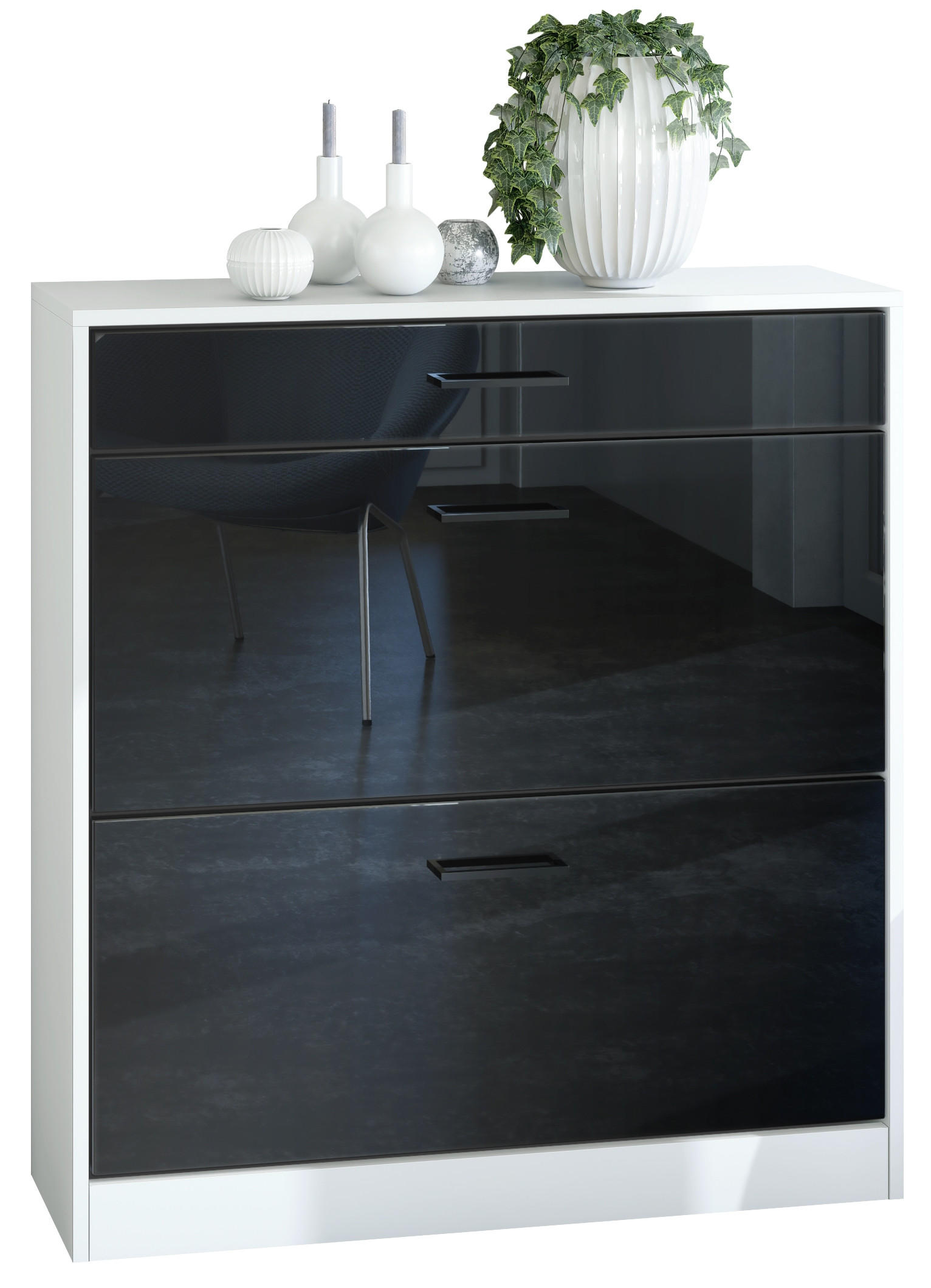 Vladon Schuhschrank Schwarz Hochglanz 89x95.5x27 cm