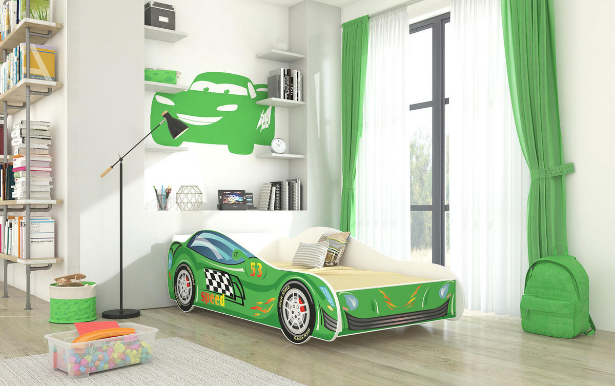 KINDERBETT Speed weiß / Motiv Rennauto 74 / 153 / 48cm - Weiß/Grün, Holz/Holzwerkstoff (70/140cm) - Feldmann-Wohnen