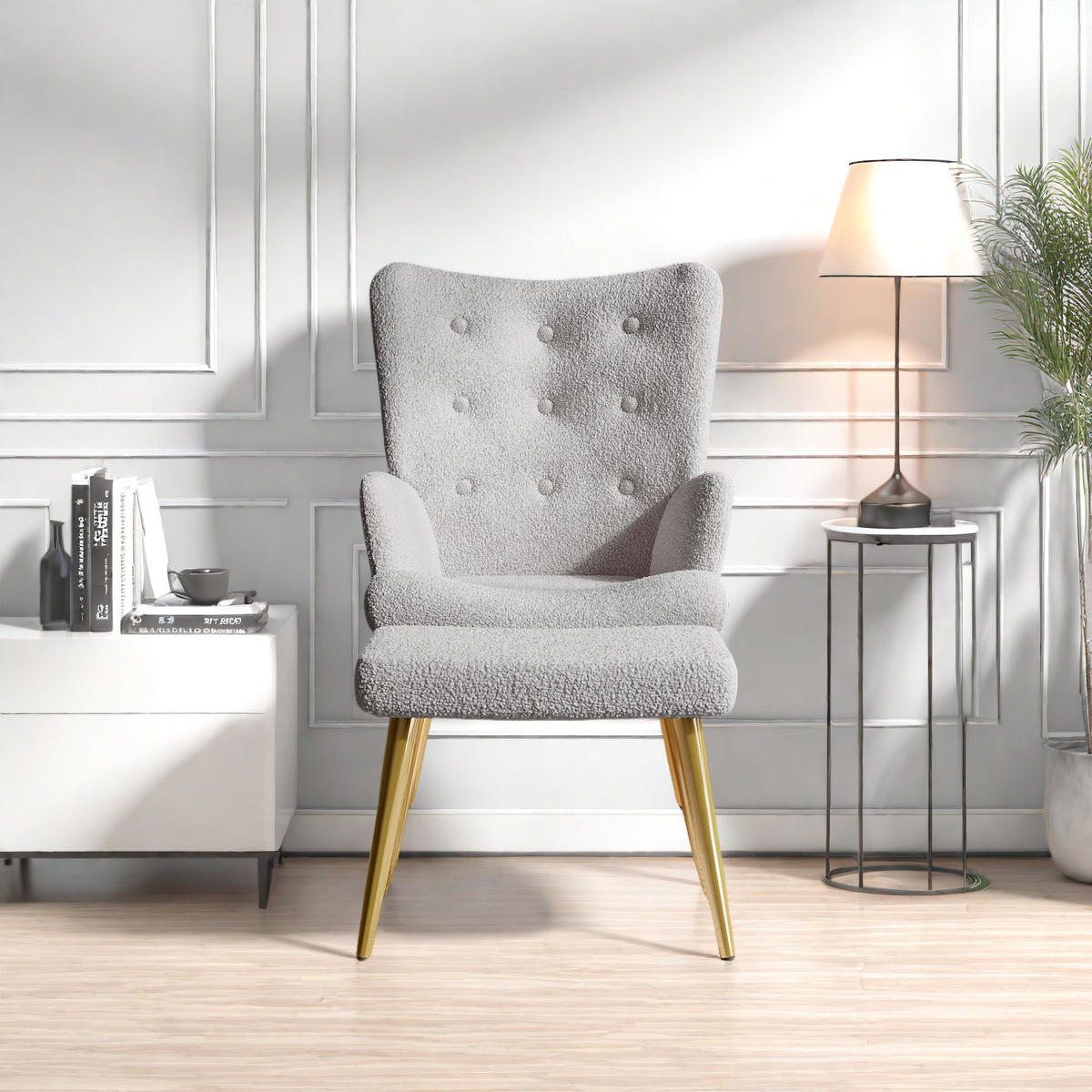 OHRENSESSEL Grau Mit Hocker Polyester Polstersessel - Grau, Holz (68/99/47cm)