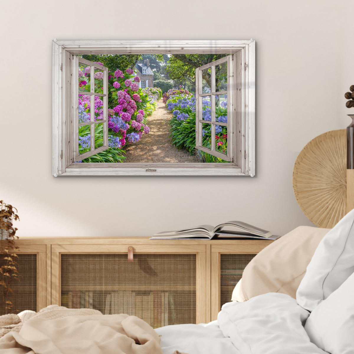 ACRYLGLASBILD Hortensie - Fensterblick - Blumen - Sommer - Lila - Weg 60x40 cm - Lila, Glas (60/40cm) - MuchoWow