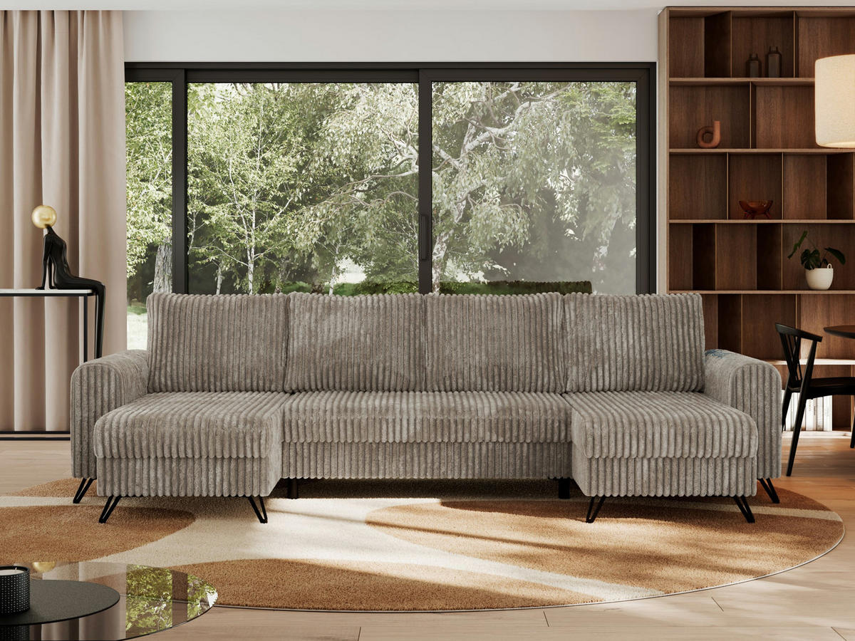 WOHNLANDSCHAFT AXEL U Cord Hellbraun - Schwarz/Braun, Textil/Metall (312/90/140cm) - MKS