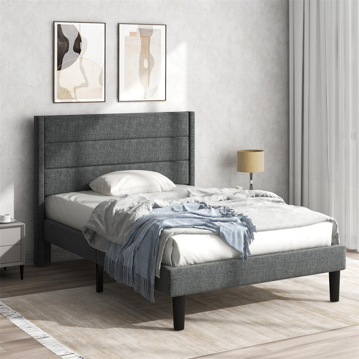 POLSTERBETT 90/200 cm in Grau Leinen - Dunkelgrau, Holz/Textil (90/200cm) - KOMHTOM