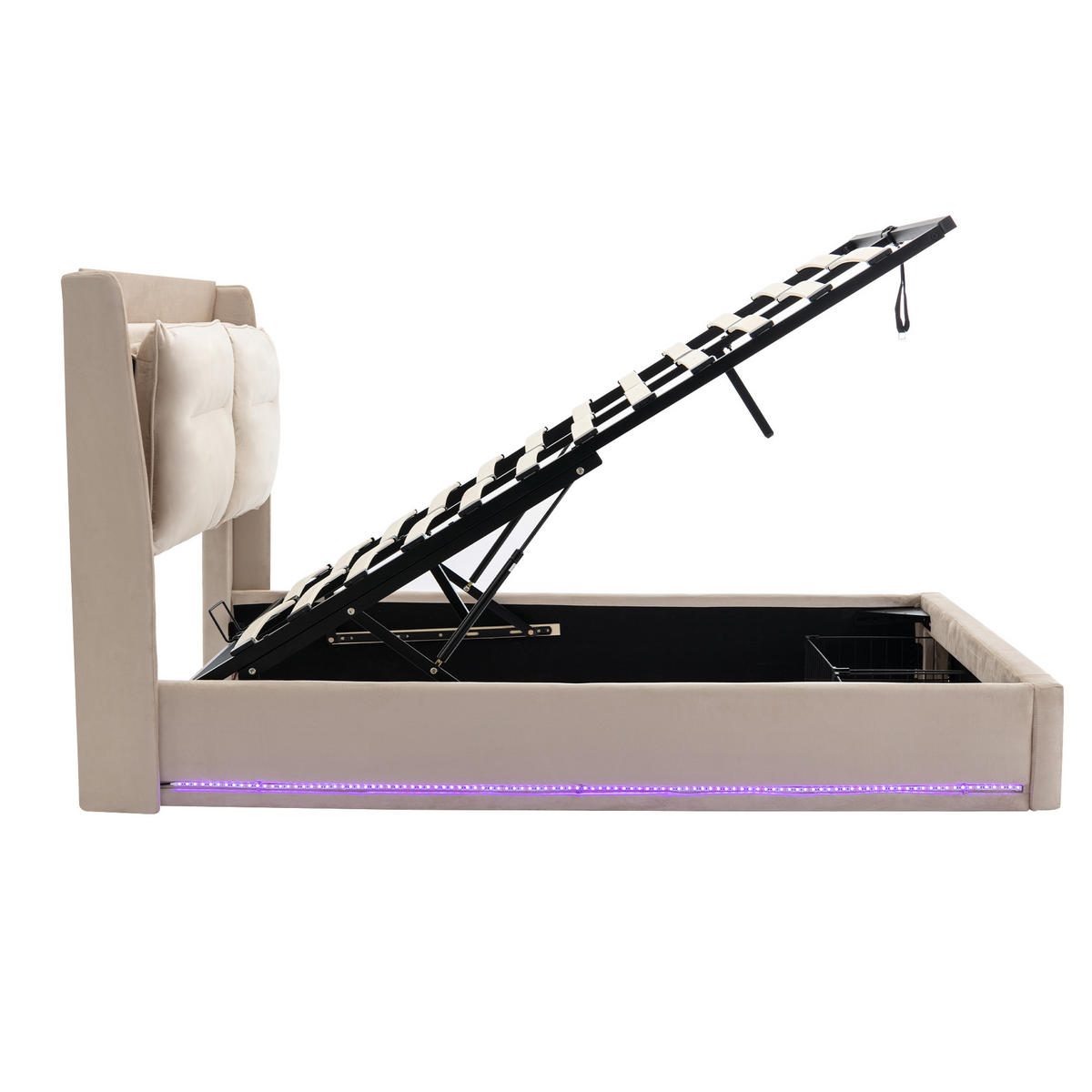POLSTERBETT 140/200 cm Beige mit hydraulischem Bettkasten und LED-Beleuchtung - Beige, Textil (140/200cm) - OKWISH