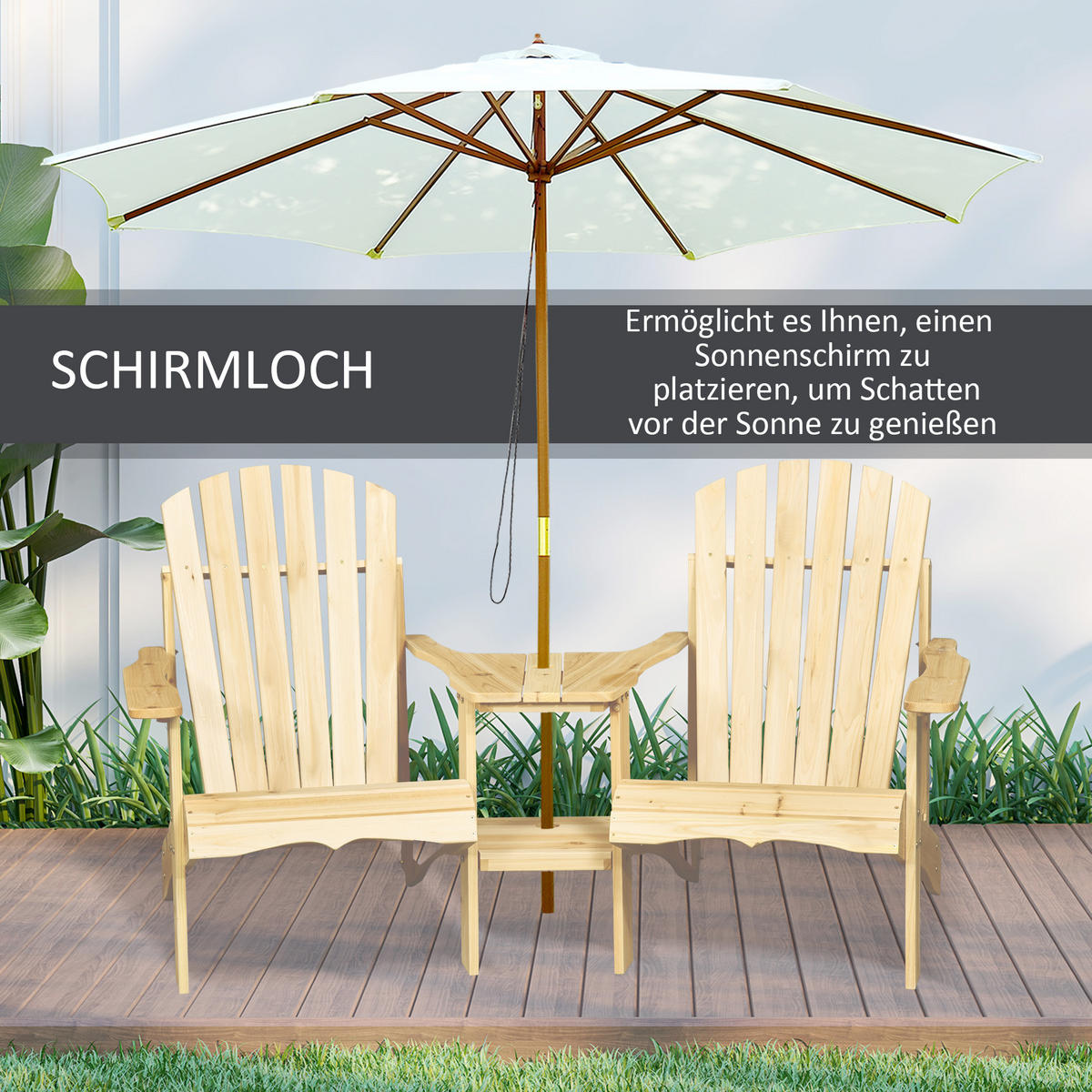 GARTENSTUHL mit Tisch und Schirmloch für Balkon Massivholz Natur 178 x 87 x 92 cm - Naturfarben, Holz (87/94/170cm) - Outsunny