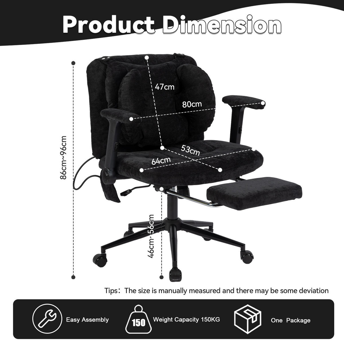DREHSTUHL DE-40923 mit Fußstütze und Lendenluftkissen Schwarz - Schwarz, Metall (80/86/55cm) - ComfortXL