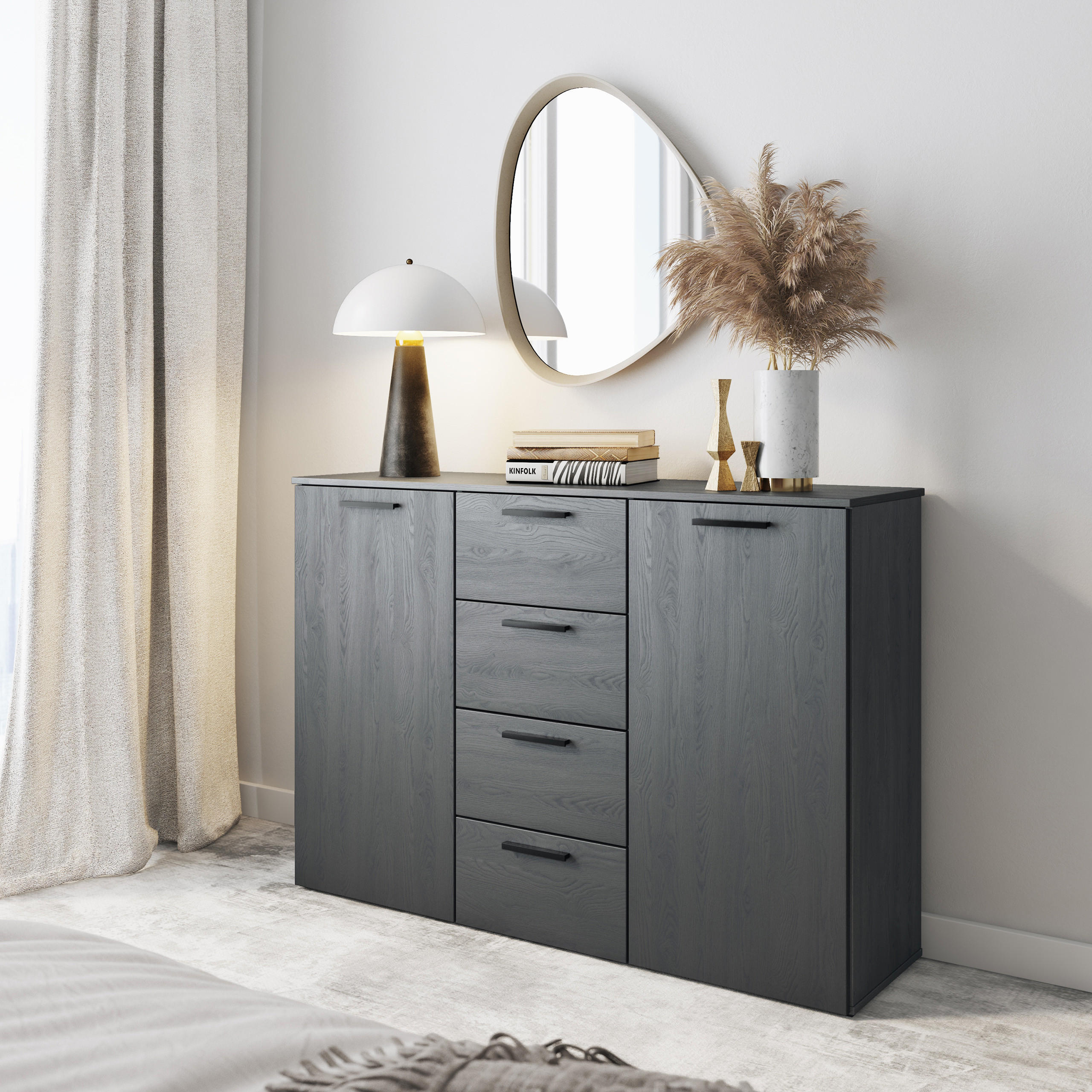 SIDEBOARD COSMICO 132/93/38 cm mit 4 Schubladen und 2 Türen Hellgrau - Hellgrau, Holzwerkstoff (132/93/38cm) - MASSENO