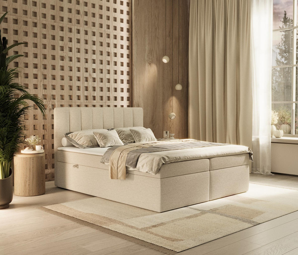 BOXBETT Amaro 140/200 cm Hellbeige im Megan Stoff - Sandfarben/Schwarz, Holz/Holzwerkstoff (140/200cm) - AltaBeds