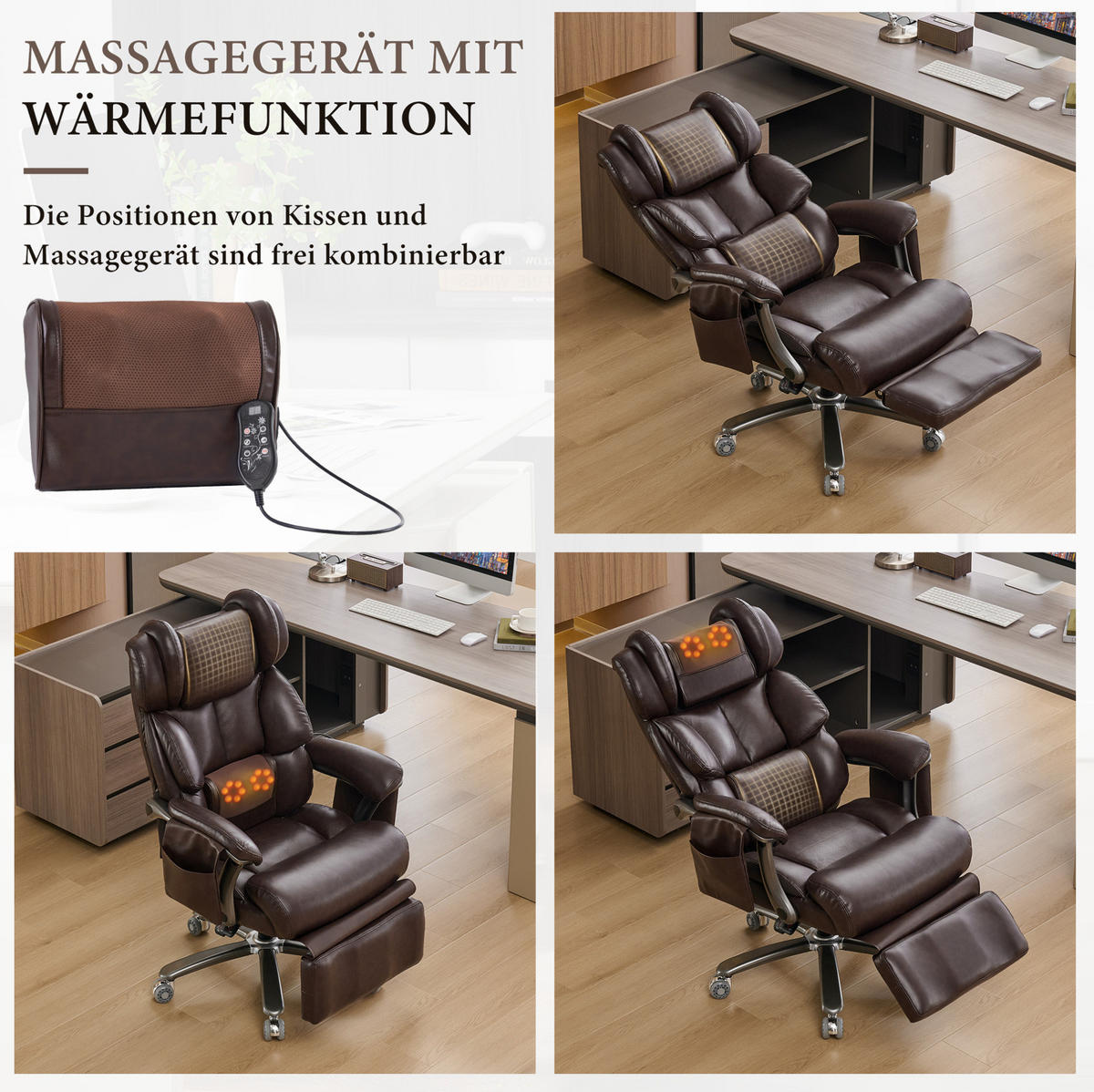 BÜROSTUHL mit Massage- und Heizfunktion PU-Leder Brown - Braun, Kunststoff (76.5/121.5/85.5cm) - Meubliv