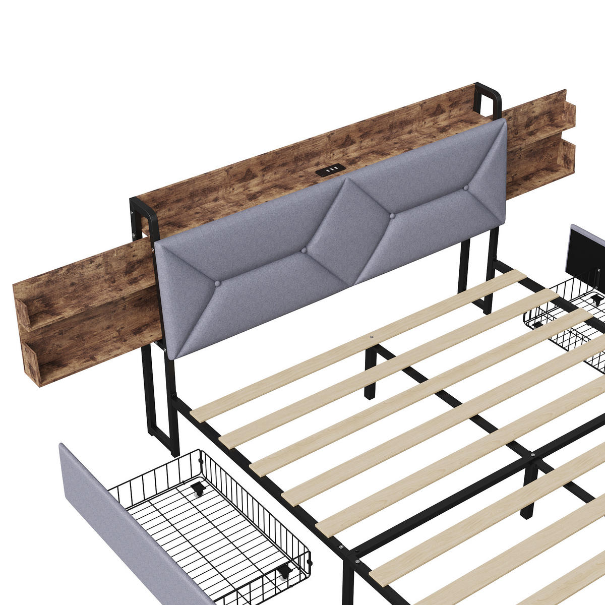 POLSTERBETT 140x200cm Grau Mit 4 Schubladen, USB & Type-C Anschlüsse - Grau, Holz (140/200cm)