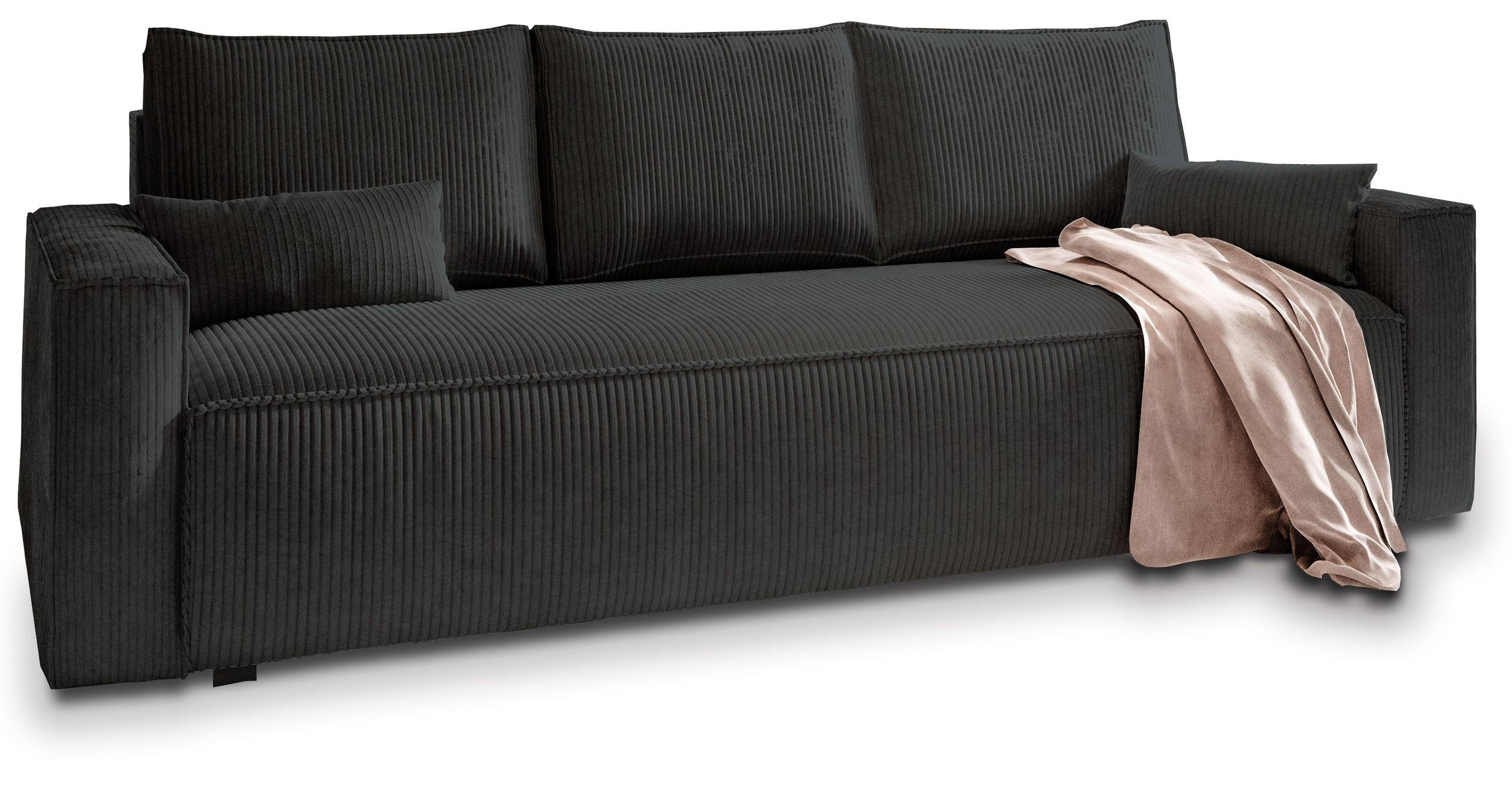 BETTSOFA MENI Schwarz Kordstoff mit Schlaffunktion - Schwarz, Textil (232/83/87cm) - MASSENO