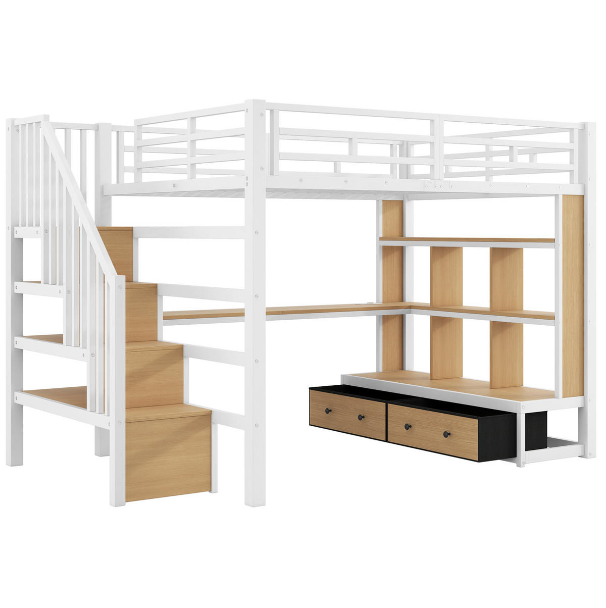 HOCHBETT aus MDF und Metall 140x200 cm Weiß mit Schreibtisch, Regalen, Stauraumtreppe und Schubladen - Weiß, Holzwerkstoff (140/200cm) - Modfu