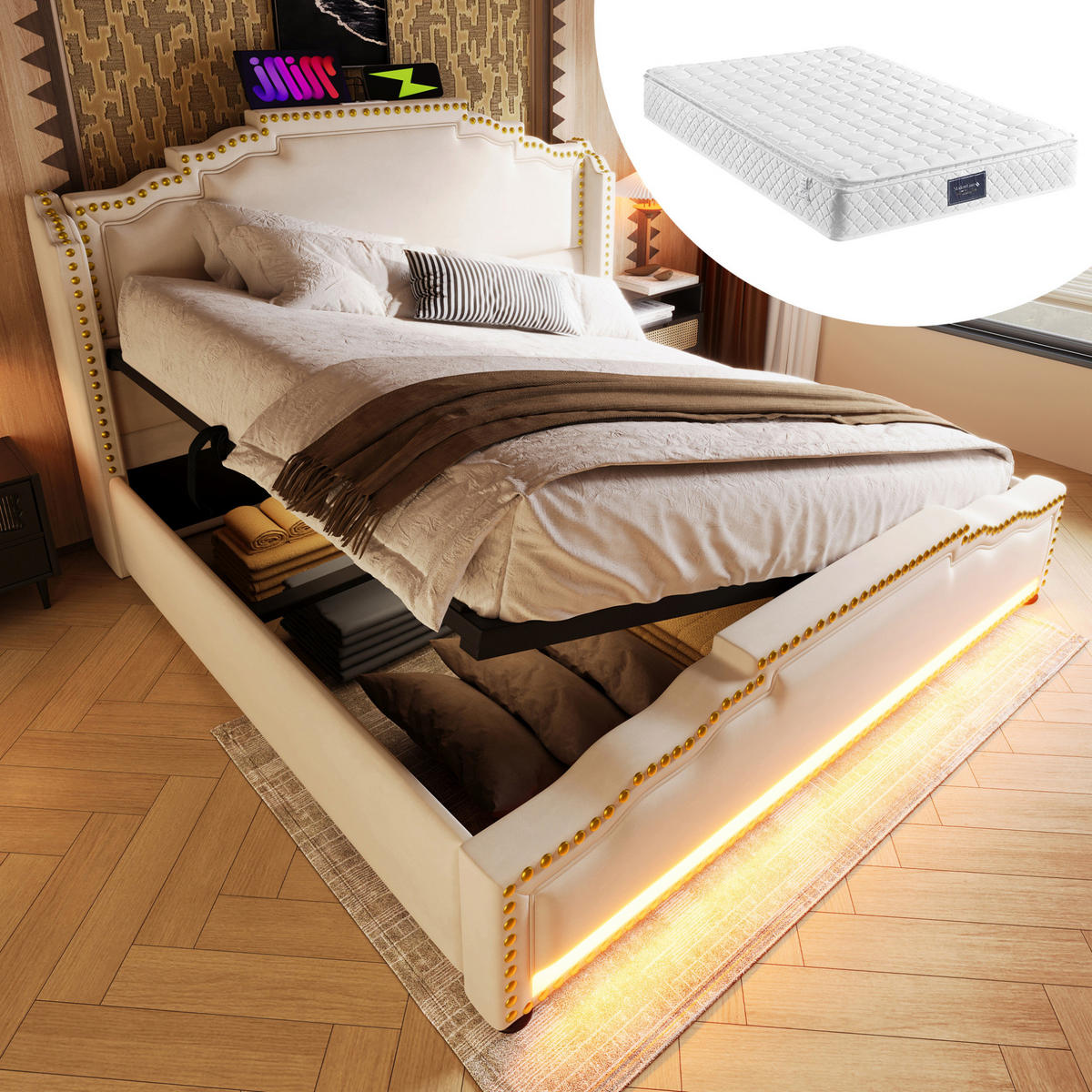 TAPECIRANI krevet od baršuna 140x200 cm bež s LED rasvjetom, USB-C priključkom, hidrauličnim spremištem i madracem - bež, tekstil (140/200cm) - Modfu