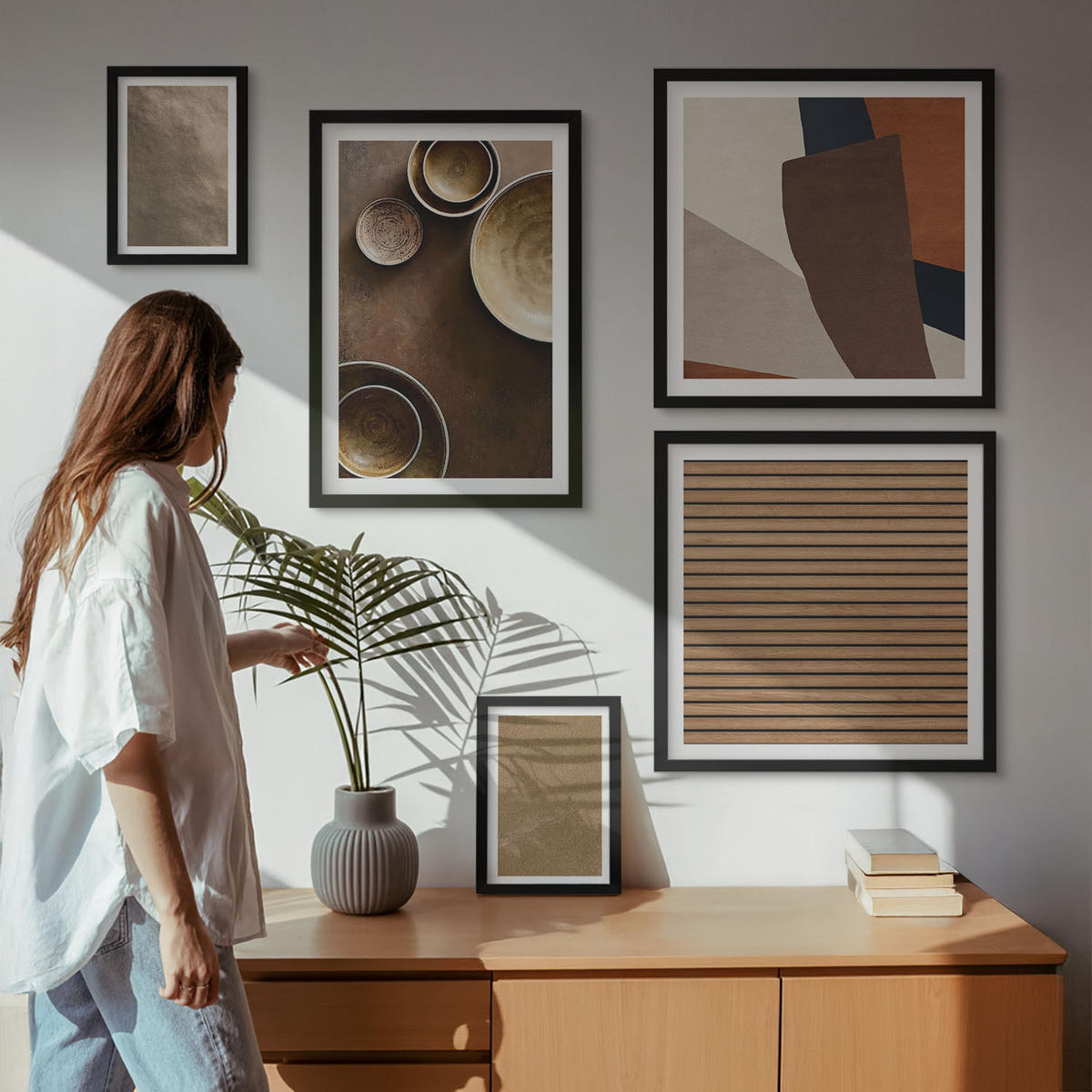 BILDER SET 5er Set - 50x50 cm & 20x30 cm & 40x60 cm Schwarzer Rahmen - Moderne Steinstrukturen - Schwarz, Kunststoff (40/60cm) - TULUP