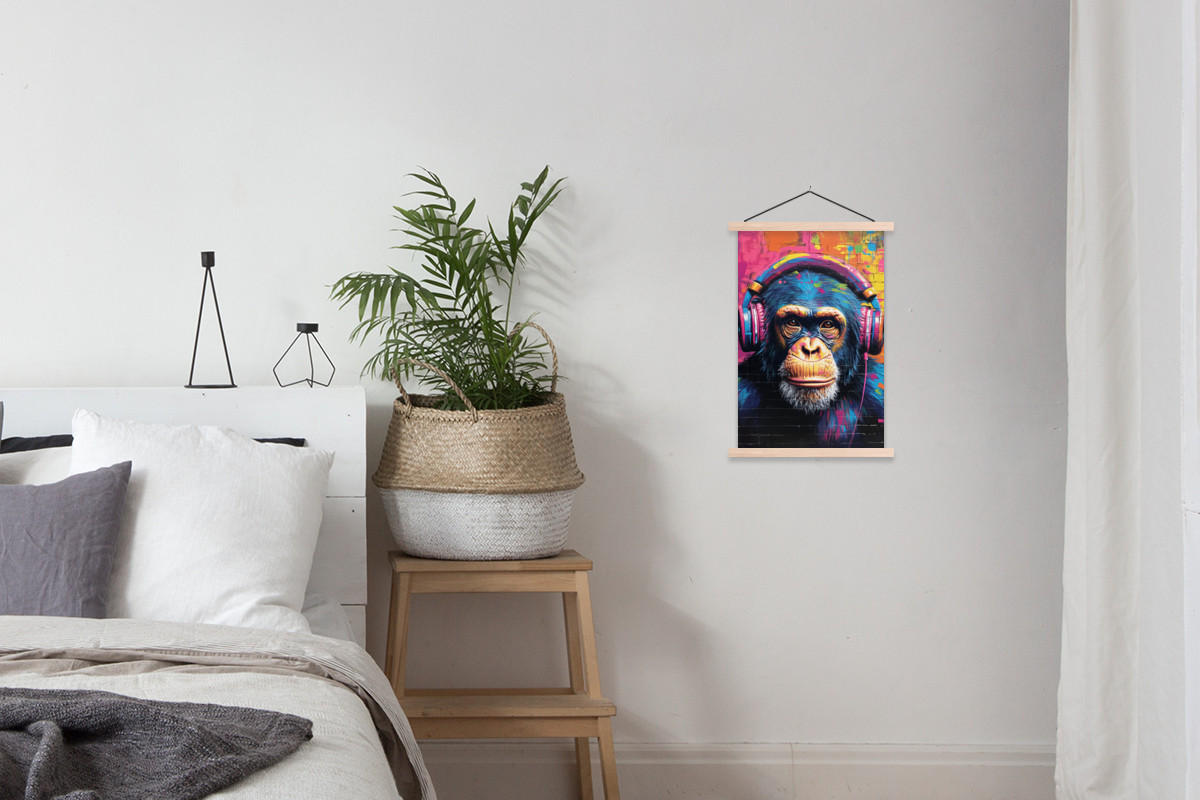 POSTER Graffiti - Schimpanse - Straßenkunst - Kopfhörer - Affe 40x60 cm - Blau, Textil (40/60/0.15cm) - MuchoWow