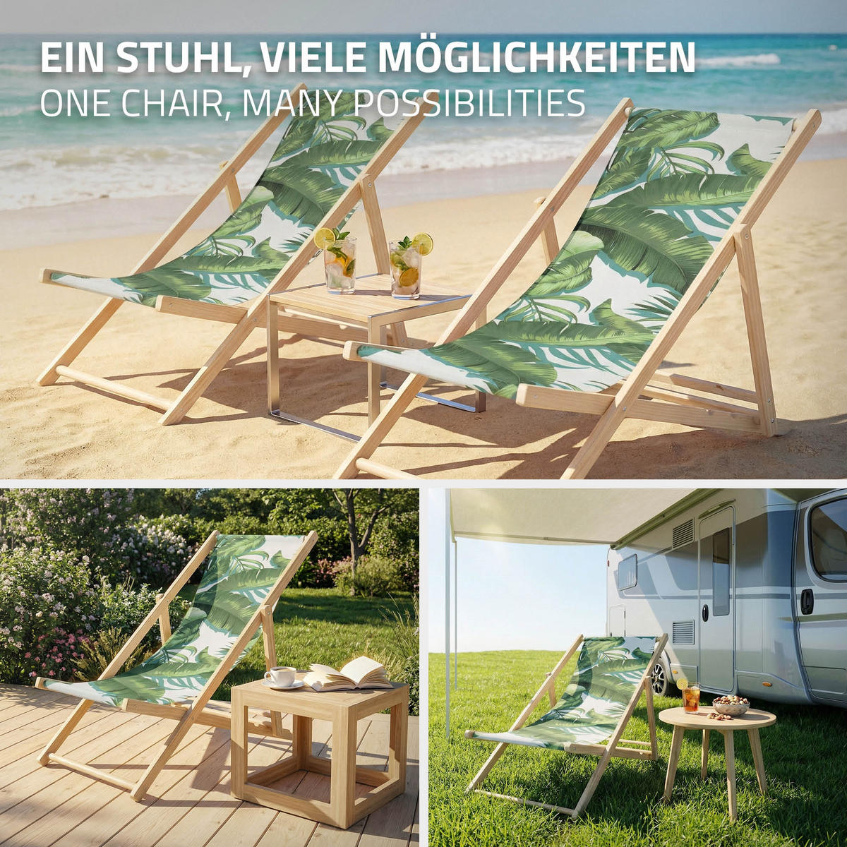 LIEGESTUHL Tropical Grün-Weiß - Dunkelgrün, Holz (57.5/83/100cm) - ECD-Germany