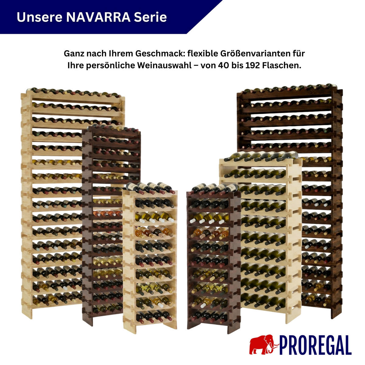 WEINREGAL NAVARRA aus Holz 219x123x28cm 192 Flaschen auf 16 Ebenen Braun geölt - Braun, Holz (123/219/28cm) - PROREGAL
