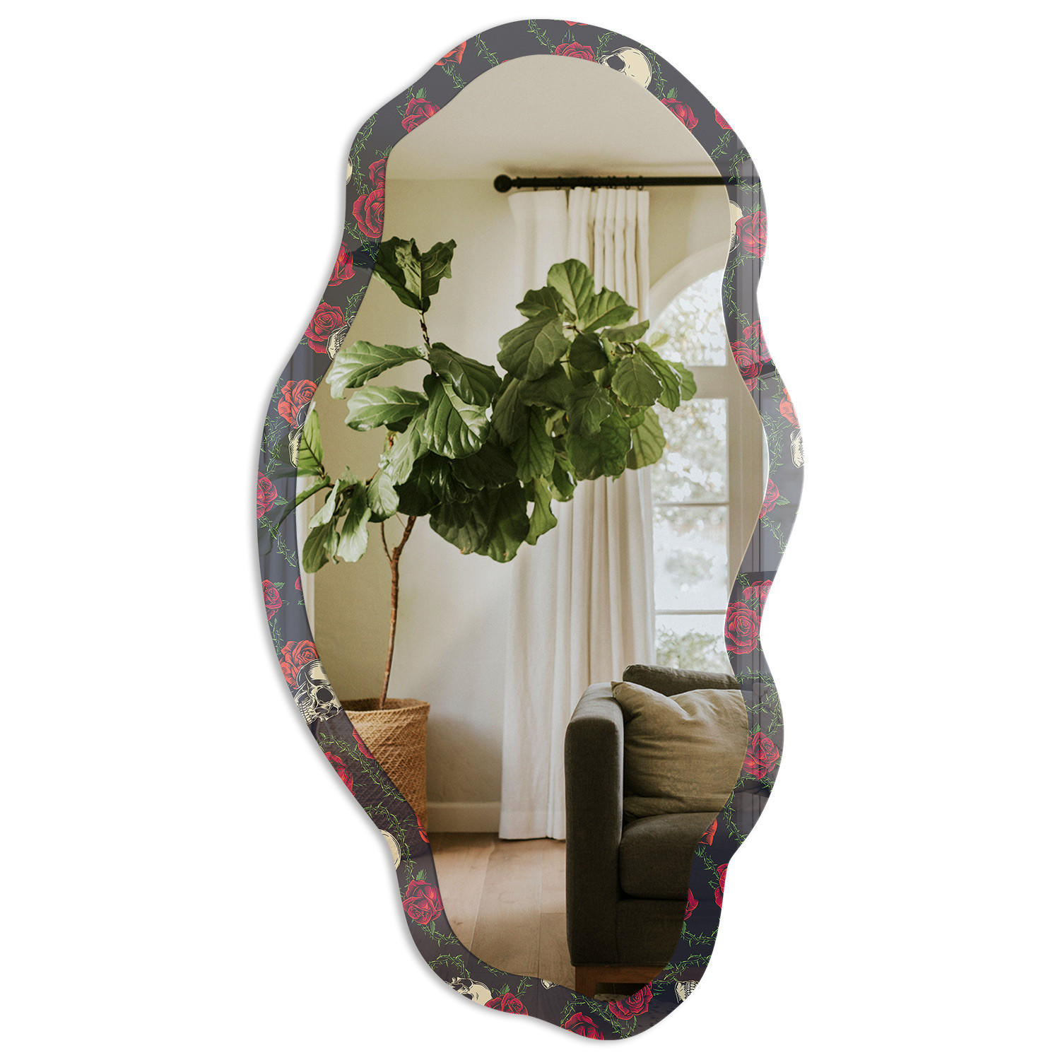 SPIEGEL 90x45 cm asymmetrisch mit Druck - Totenkopfrosen - Transparent, Glas (45/90/0.4cm) - TULUP