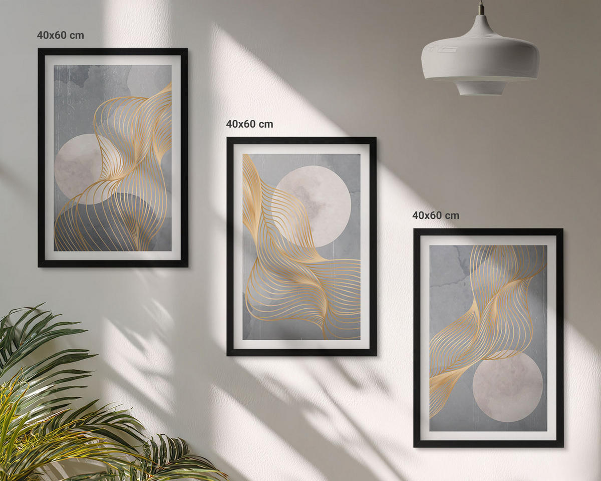 BILDER SET 3er Set - 40x60 cm Schwarzer Rahmen - Abstrakte Muster Wellen Kreise - Schwarz, Kunststoff (40/60cm) - TULUP
