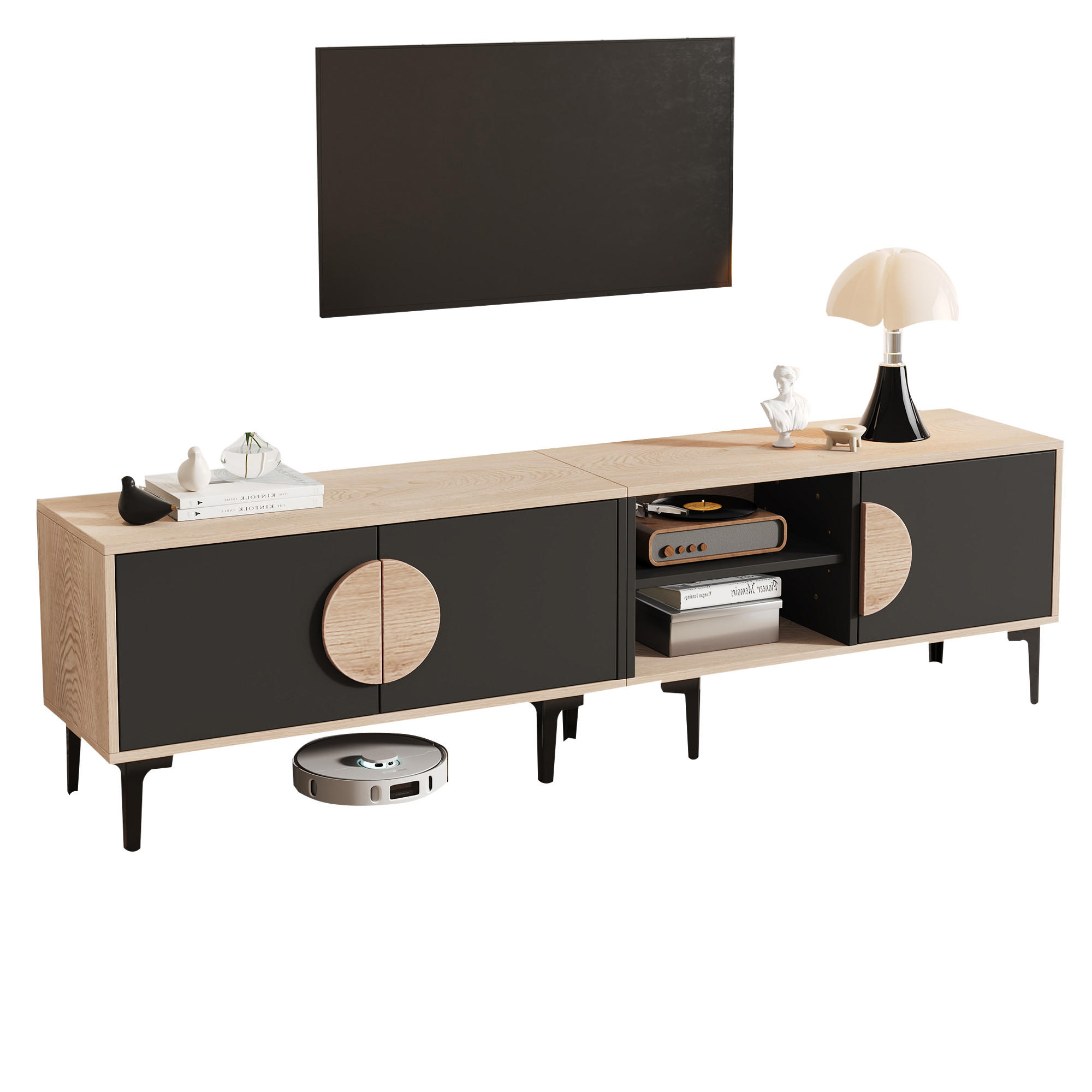 TV-SCHRANK 180x35 Lowboard 2 Türen Ablage Holz Schwarz - Schwarz, Holzwerkstoff (35/49/180cm) - FLIEKS