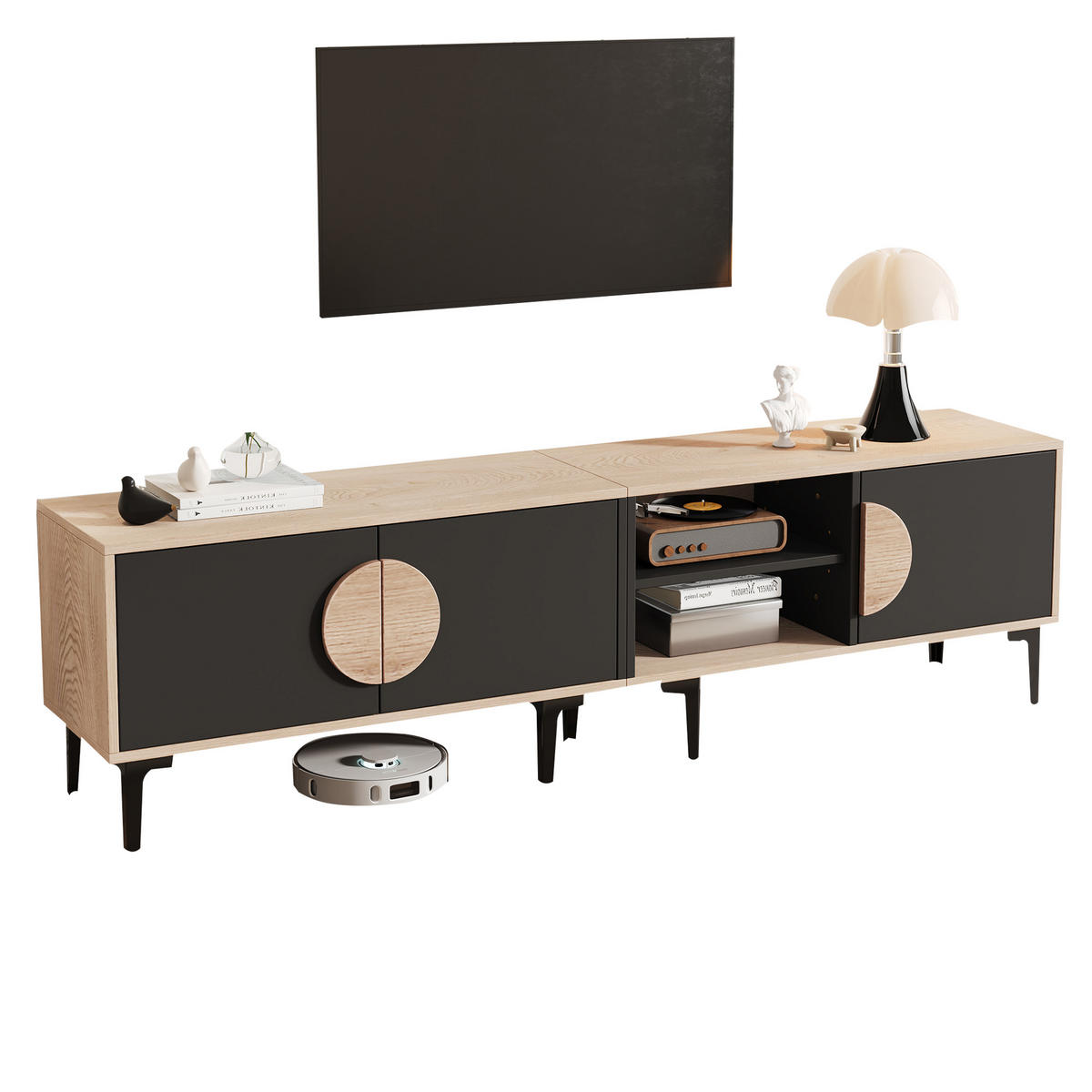 TV-SCHRANK 180x35 Lowboard 2 Türen Ablage Holz Schwarz - Schwarz, Holzwerkstoff (35/49/180cm) - FLIEKS