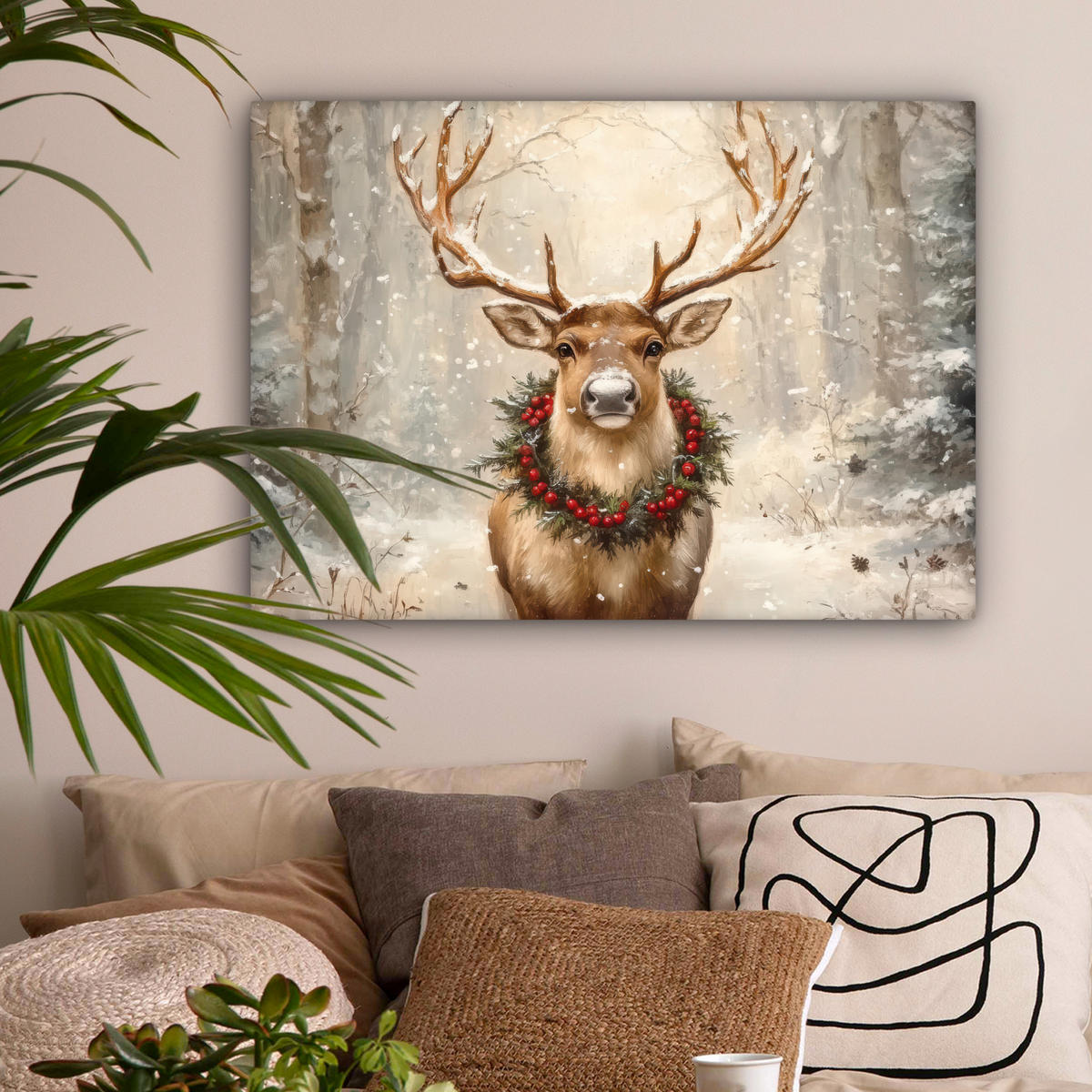 LEINWANDBILD Weihnachten - Rentier - Winter - Kranz Wandbilder 80x60 cm - Naturfarben, Textil (80/60cm) - MuchoWow