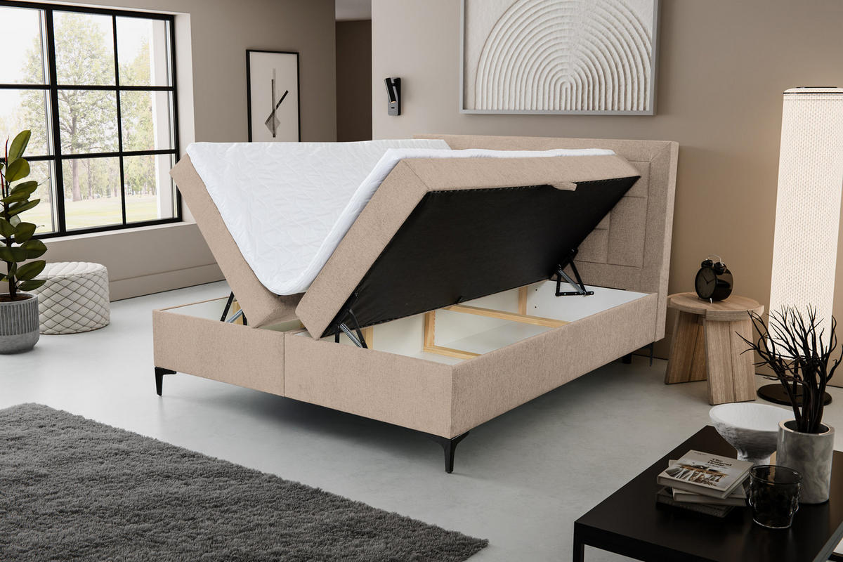 BOXBETT VENEZIA mit 2 Bettkästen, Maße: 140x200 cm, Farbe: Hellbraun , Velourstoff, mit Bonell-Matratze inkl. Topper - Hellbraun, Holz/Kunststoff (140/200cm) - VENASI MÖBEL