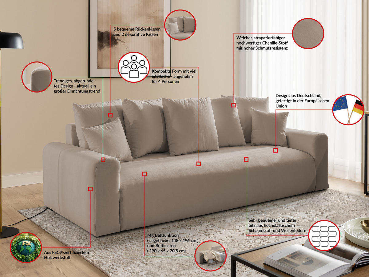 SCHLAFSOFA Calma mit Bettkasten im Bumpy-Design aus weichem Greige Webstoff - Greige/Schwarz, Holz/Kunststoff (239/88/98cm) - S-Style