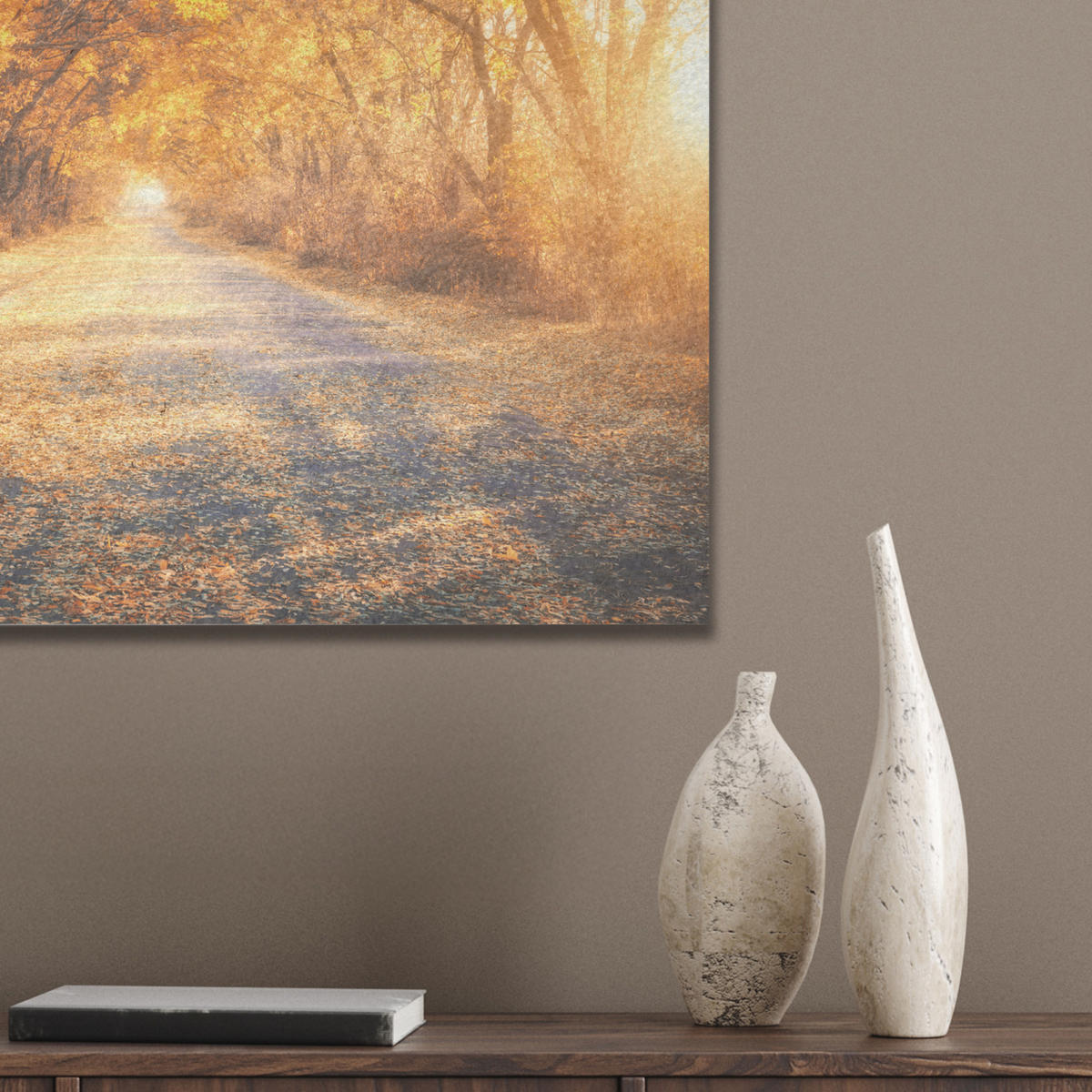 AKUSTIKBILD Wald - Herbst - Bäume - Waldweg - Natur Wandbilder 60x60 cm - Bernsteinfarben, Kunststoff (60/60/0.9cm) - MuchoWow