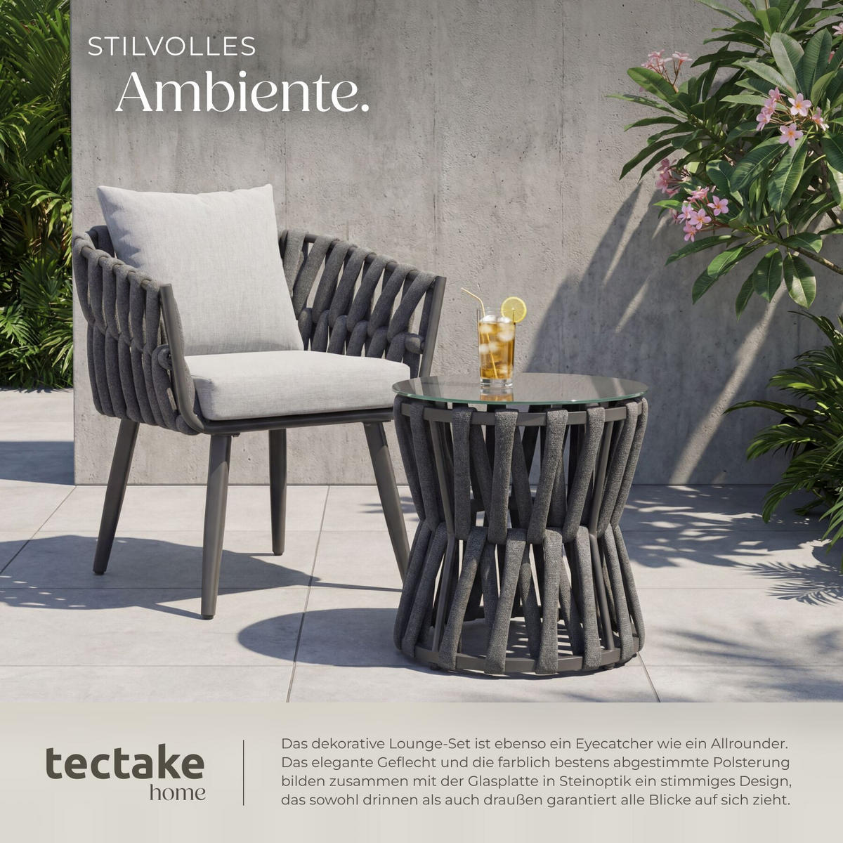 GARTENLOUNGE-SET Lugano, Rope-Design, Aluminium, anthrazit, Tisch Ø46cm & Stuhl 62,5x65,5x75cm - Anthrazit/Grau, Kunststoff/Metall - tectake