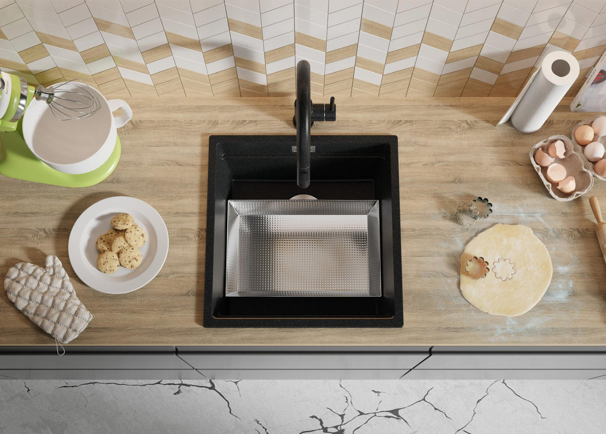 SPÜLBECKEN Praga Slim, 2-er set Anthrazit 46/47 cm 1 Becken + Ablauf-Set + Aufrollbare Abtropffläche ab 50er Unterschrank - Chromfarben/Anthrazit, Kunststoff (46/20/47cm) - Primagran