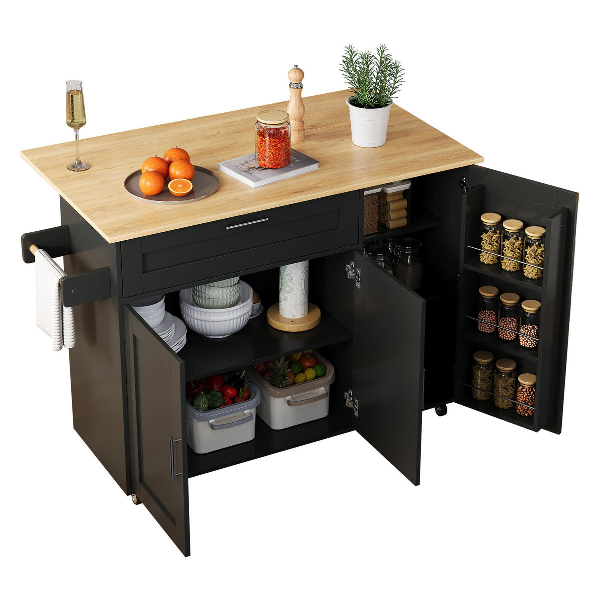 KÜCHENWAGEN mit klappbarer Arbeitsplatte 132,5 x 44(70) x 90 cm Schwarz/Natur - Schwarz, Holz (44/90/132.5cm) - Beauniv