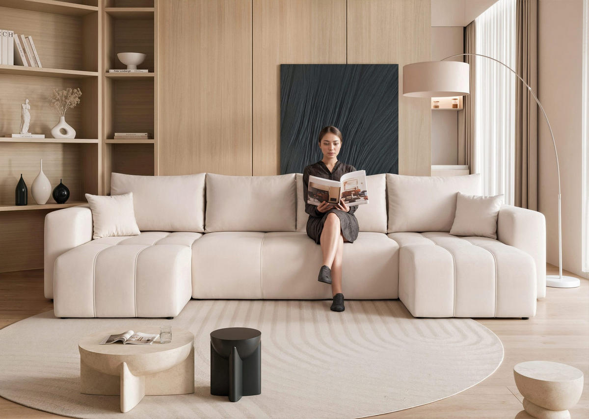 WOHNLANDSCHAFT U-Form Velours mit Bettkasten und Schlaffunktion - Creme, Holzwerkstoff/Textil (318/79/145cm) - Idohome