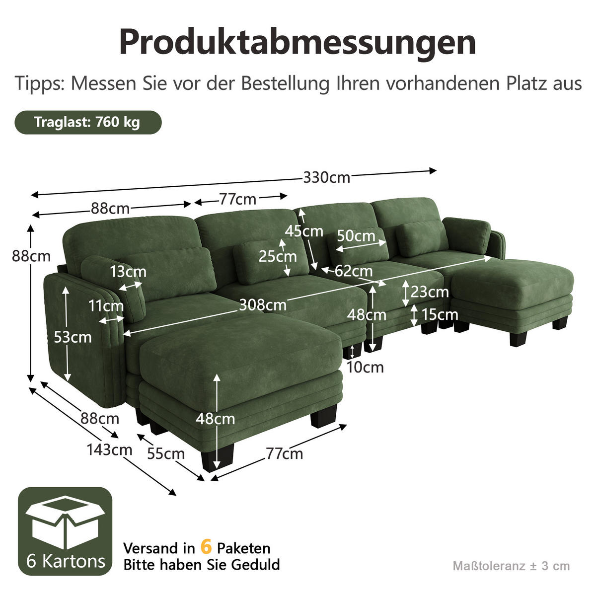 WOHNLANDSCHAFT 4-Sitzer U-Form mit 2 Ottomanen, DE-42686, Grün - Grün, Holz (330/88/143cm) - ComfortXL