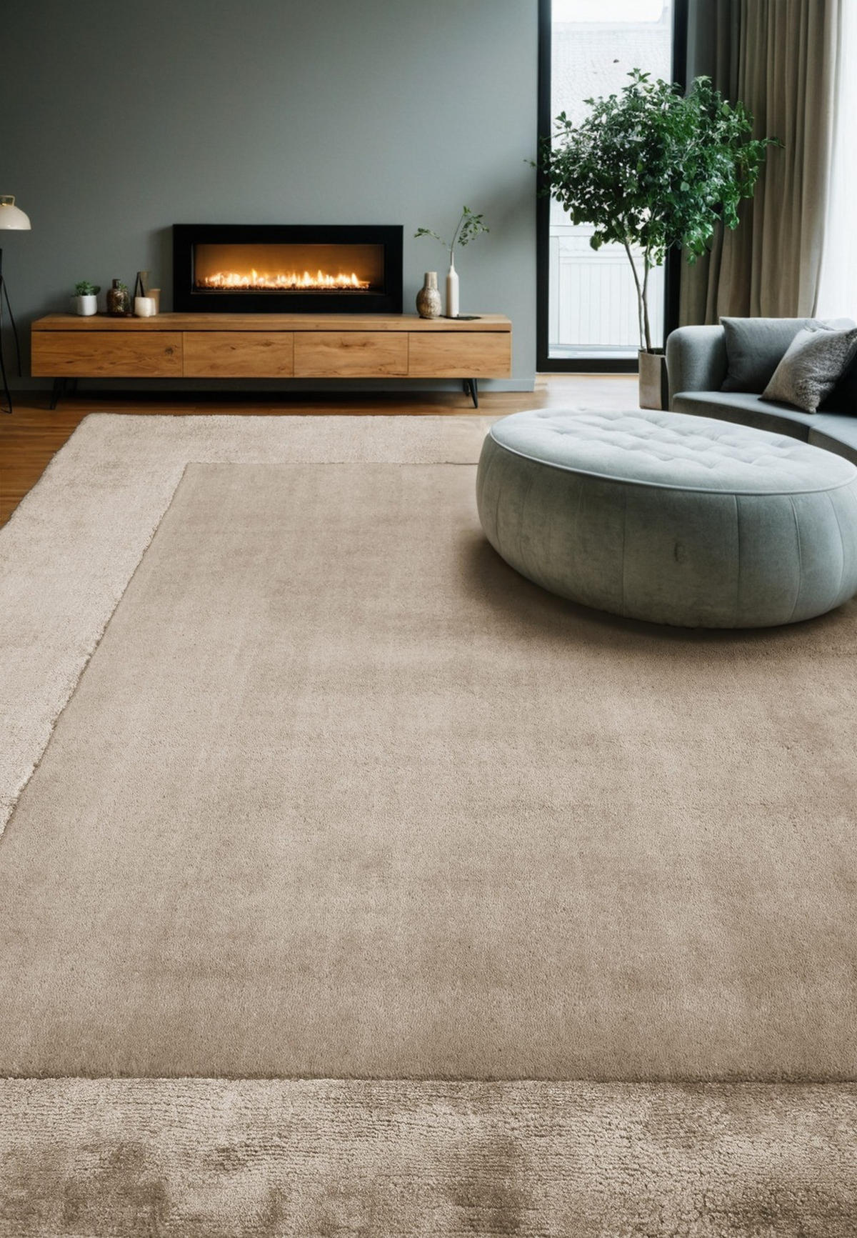 TEPPICH Wolle handgewebt einfarbig mit Viskosebordüre TYNE, Beige 160x230 cm - Beige, Textil (160/230cm) - KADIMA DESIGN