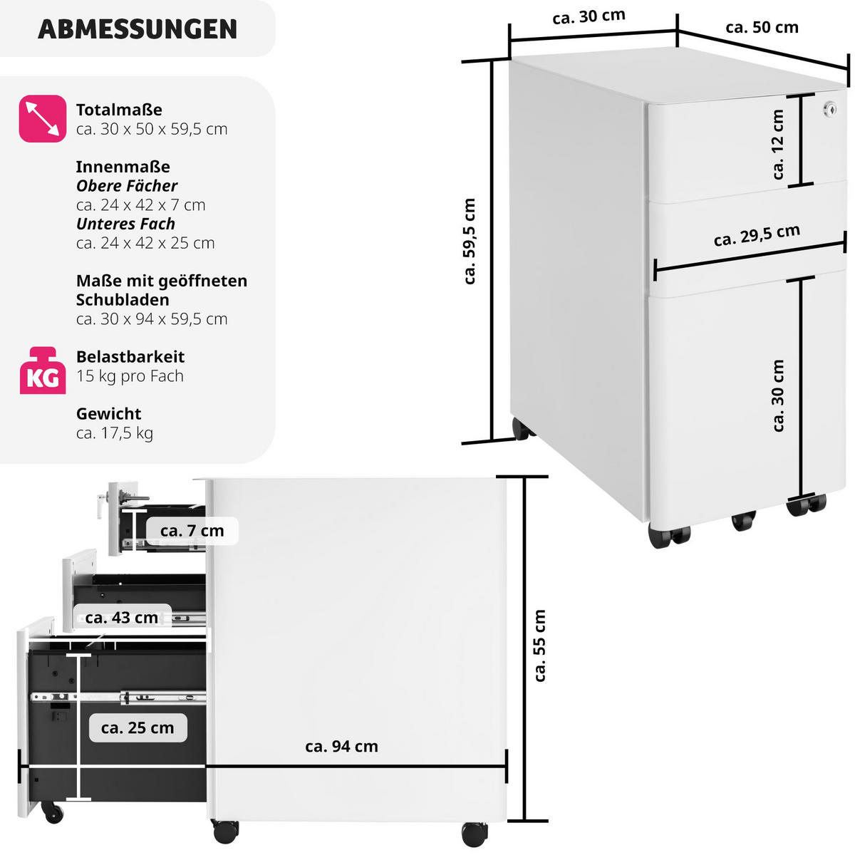 AKTENROLLSCHRANK Parvus,30 x 50 x 59,5 cm,weiß - Weiß, Textil (30/59.5/50cm) - tectake
