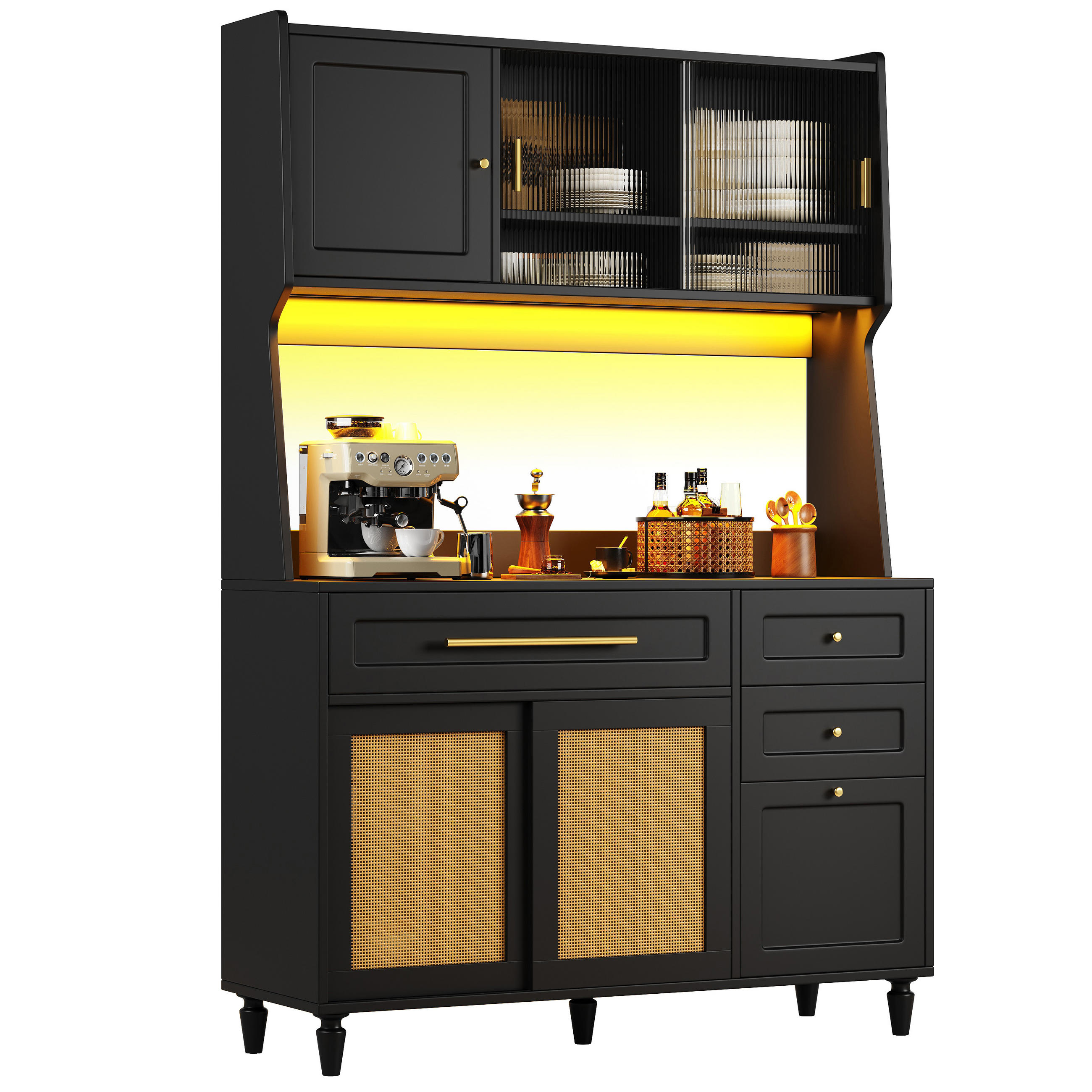 KÜCHENBUFFET mit 3 Schubladen, LED-Beleuchtung und Rattan-Optik, 120 x 45 x 195,5 cm, Schwarz, MDF, Spanplatte - Schwarz, Holzwerkstoff (120/195.5/45cm) - SONNENH
