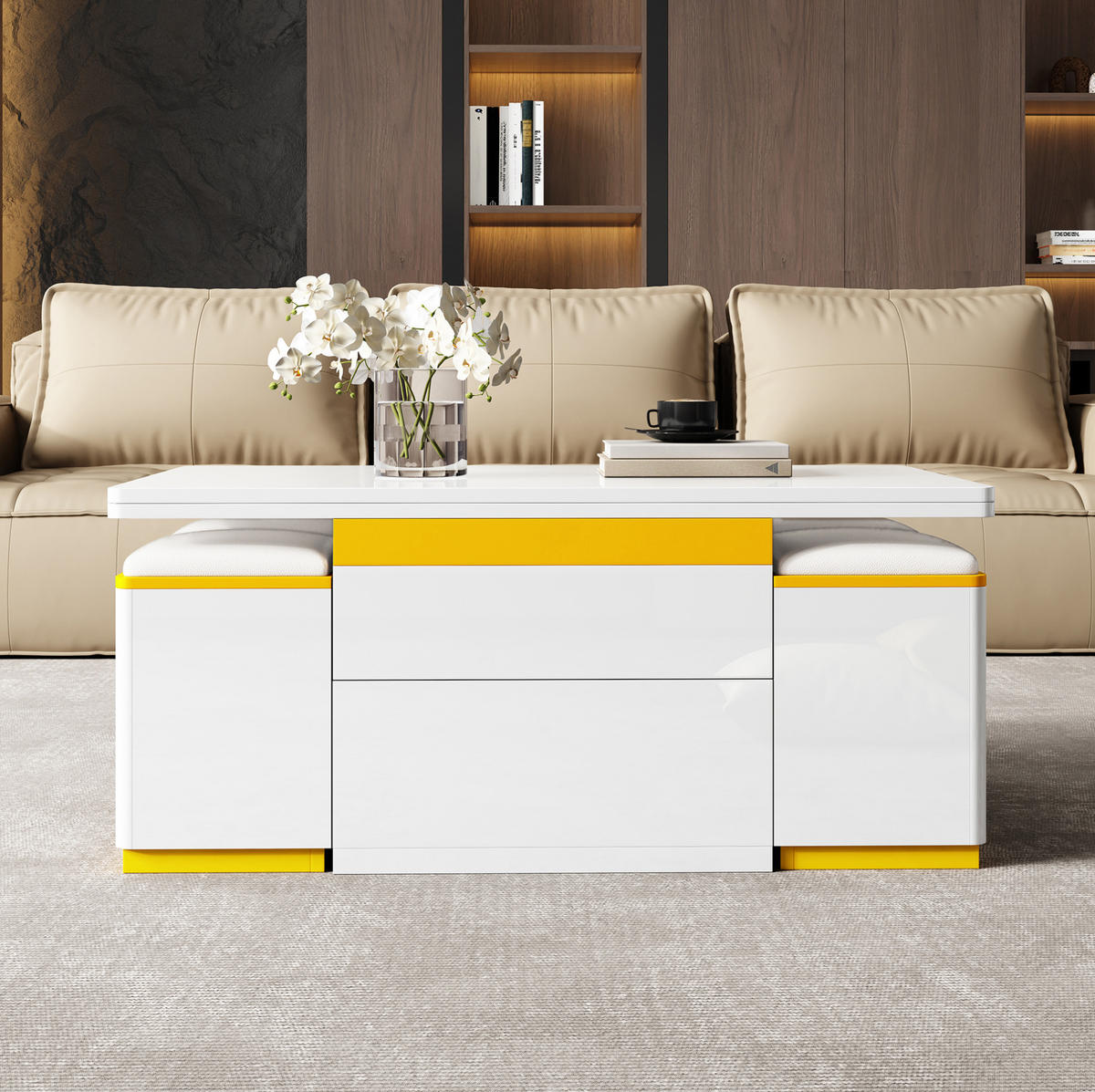 COUCHTISCH höhenverstellbar mit Stauraum 100 x 50 cm Weiß Gelb 5-tlg. - Weiß, Wellpappe (100/50/43cm) - Meubliv