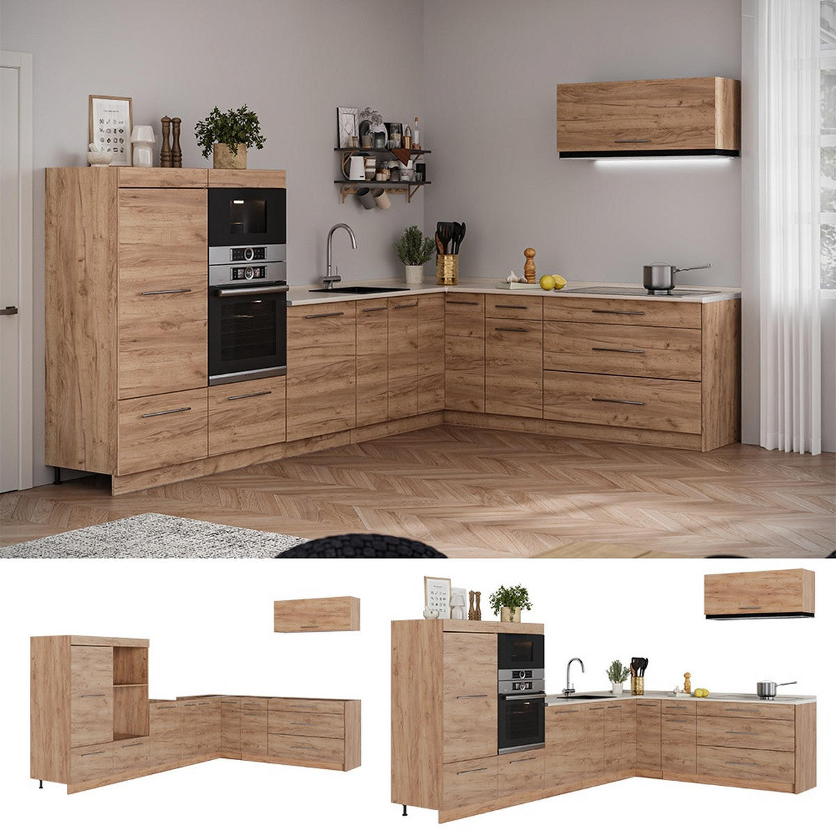 KUHINJA U OBLIKU SLOVA L Fame-Line, Hrast zlatnog tona/Hrast zlatnog tona, 327 x 227 cm, RP Mramor - hrast medunac, drvni materijal (327/153.6/60cm) - Vicco