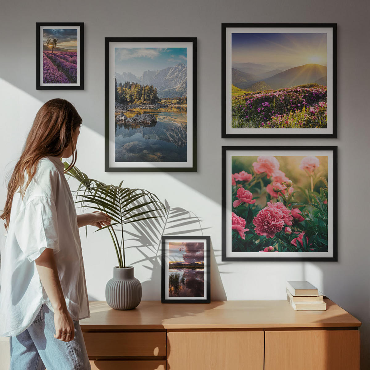 BILDER SET 5er Set - 50x50 cm & 20x30 cm & 40x60 cm Schwarzer Rahmen - Blumengarten, Bergwiese, Wasser - Schwarz, Kunststoff (40/60cm) - TULUP