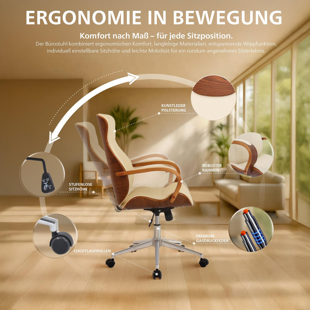 DREHSTUHL Lederlook Walnuss/Creme - Chromfarben/Walnussfarben, Textil/Metall (63/100/68cm) - CLP