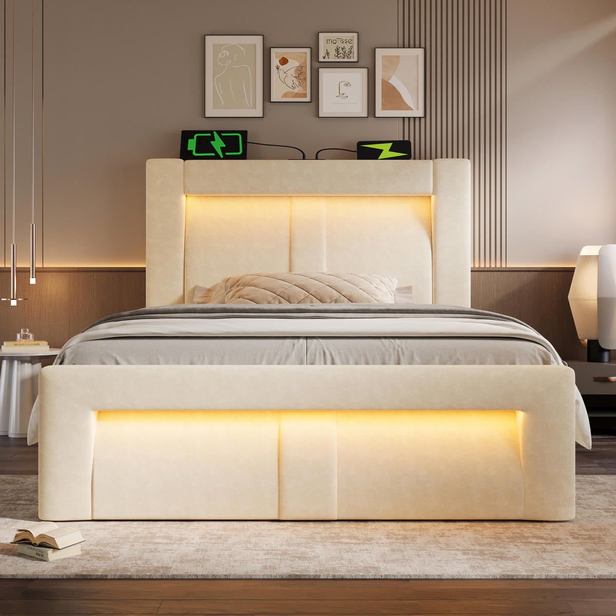 BETT mit Stauraum 90x200 cm Samt Beige mit LED und Ladeanschlüssen - Beige, Metall (90/200cm) - Meubliv