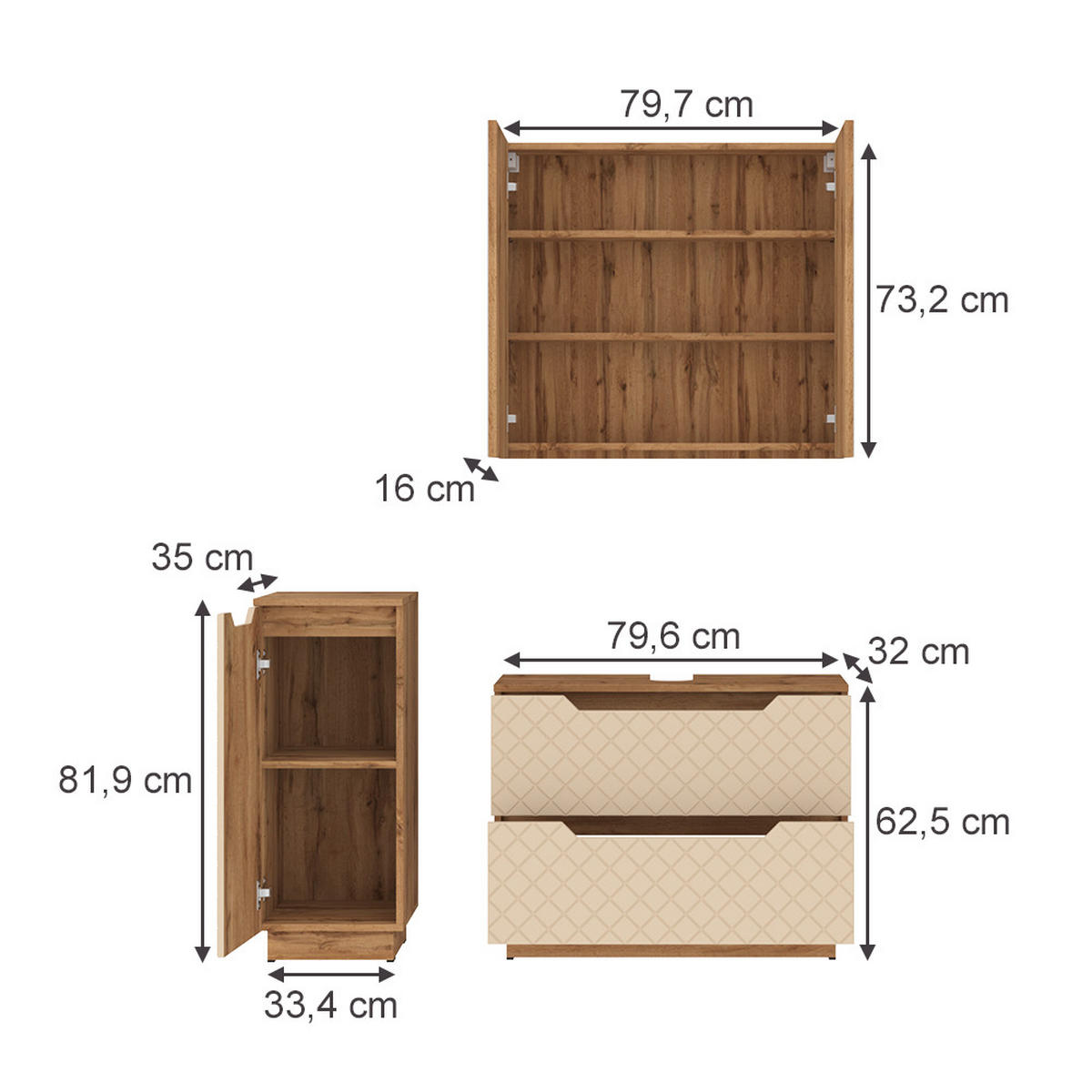 BADMÖBEL-SET Lotta Eiche/Kaschmir mit Kachelstruktur 3 Teile - Kaschmir, Holzwerkstoff (79.6/62.5/32cm) - Vicco