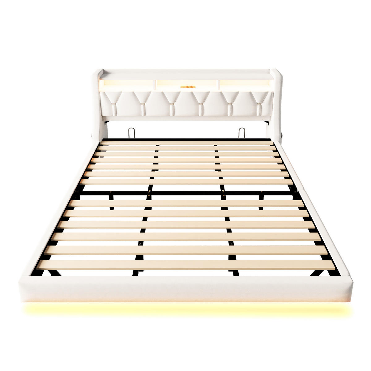 POLSTERBETT 180/200 cm in Beige mit LED, USB, Type-C und Ablage Samt - Beige, Holzwerkstoff/Textil (180/200cm) - STILVORA