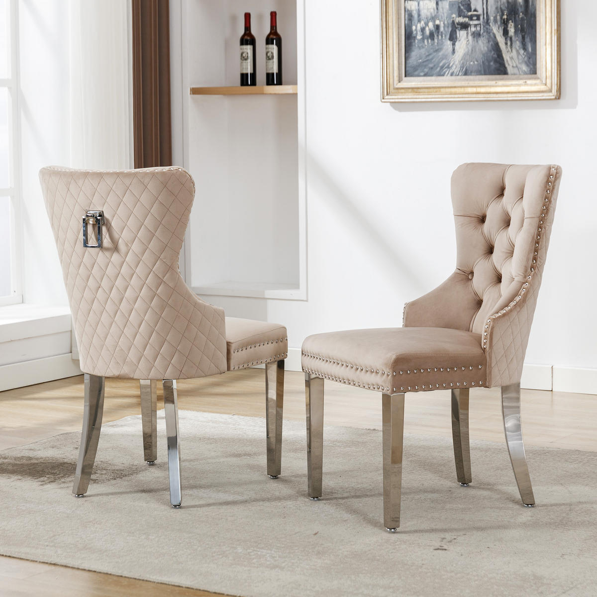 ESSZIMMERSTUHL 2-Tlg Samt Beige, Nagelkopf, Metall Beine - Beige, Textil (53/94.5/62.5cm) - FLIEKS