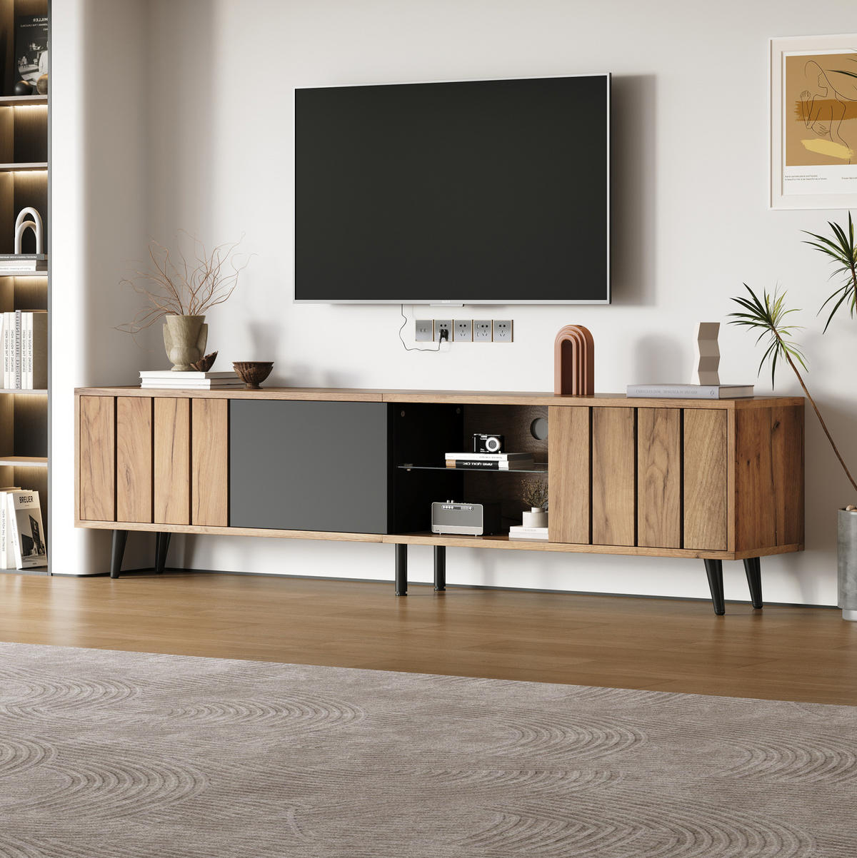 TV-LOWBOARD 175/31,5/45 cm Natur/Schwarz aus Spanplatte mit 3 Türen - Hellbraun, Holzwerkstoff (175/45/31.5cm) - OKWISH