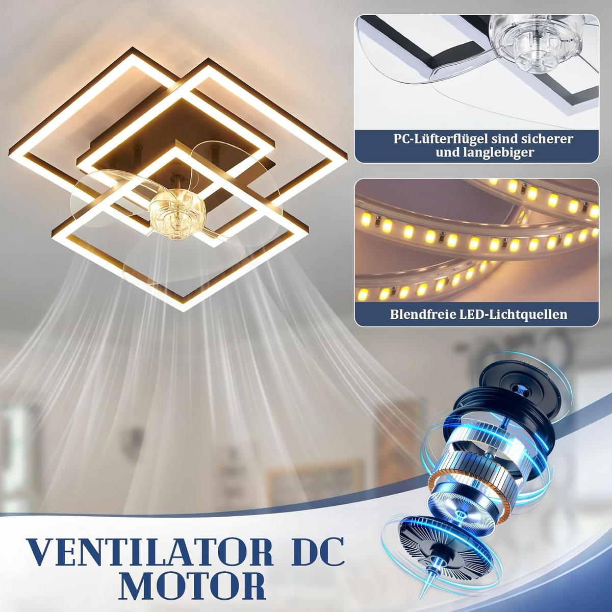 LED stropní ventilátor 37/37/16,5 cm - černá, kov (37/37/16.5cm) - Nettlife