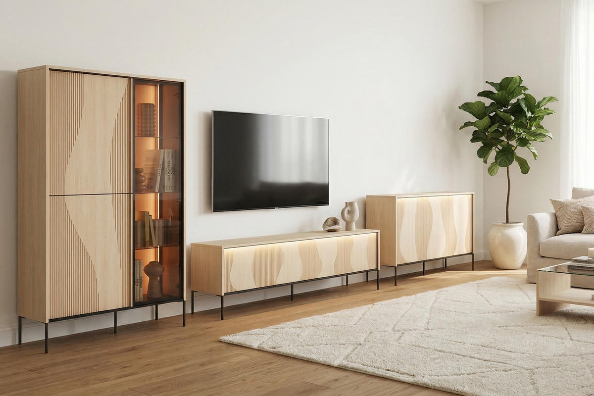 TV-LOWBOARD FAVOS 05 193/57/40 cm in Eiche Vincenza hell und Schwarz mit LED - Eichefarben/Schwarz, Holzwerkstoff (193/57/40cm) - Deine Möbel 24