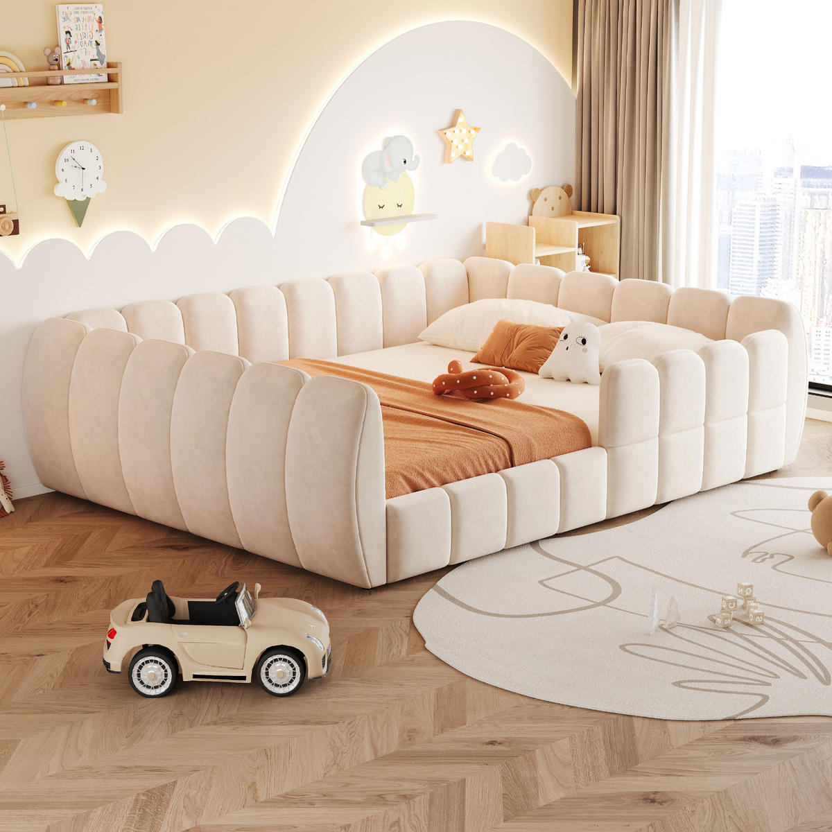 KINDERBETT 140x200cm Bodenbett Samt Rundschutz Beige - Beige, Textil (140/200cm) - FLIEKS