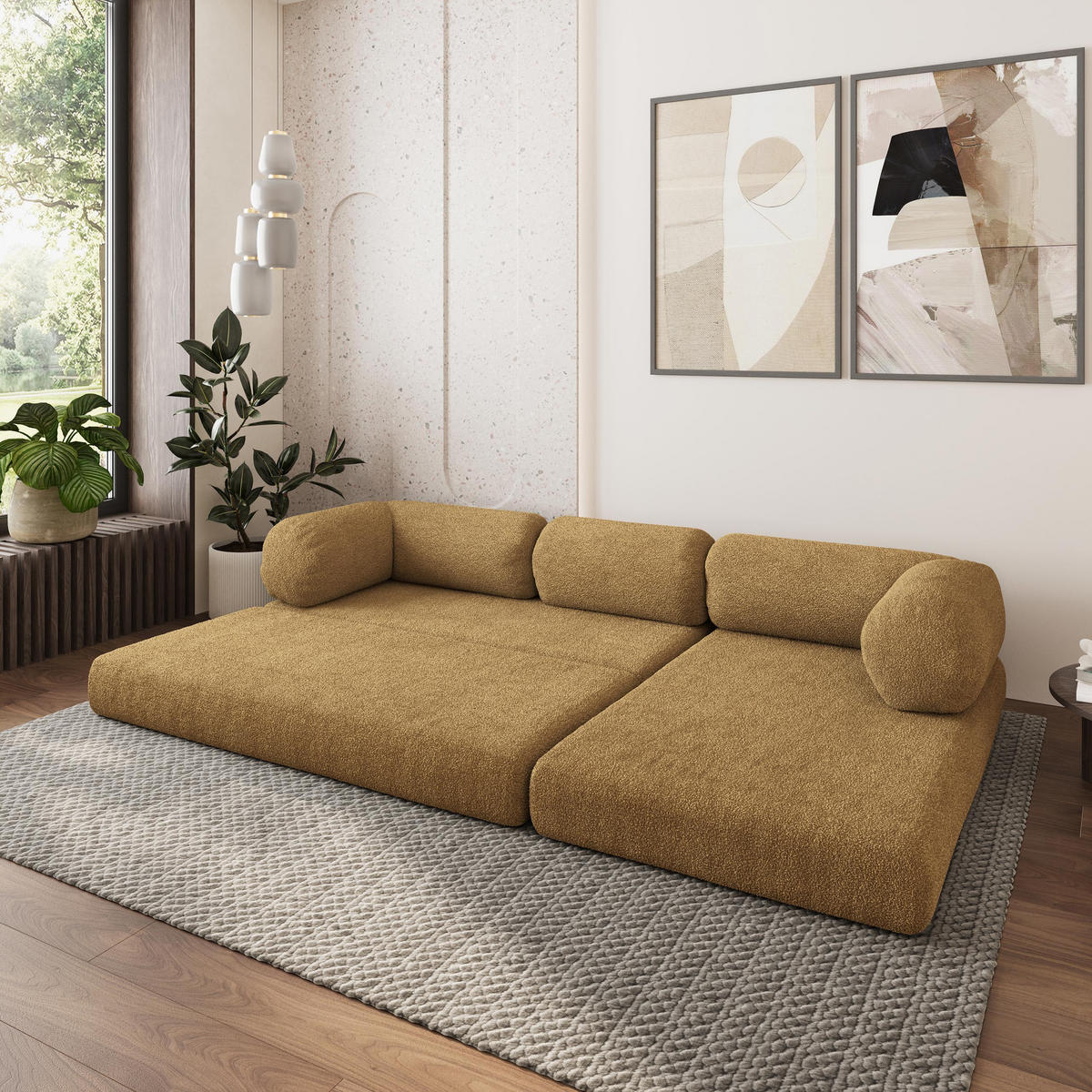 ROHOVÁ SEDAČKA KELI modulární Boneless pohovka s funkcí spaní, med QUELLE 17 - žlutá, textil (270/160cm) - MASSENO